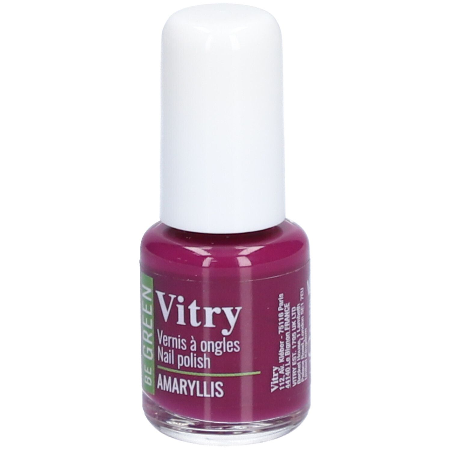 Flacon de vernis à ongles avec bouchon blanc. Inscription: Vitry, Vernis à ongles, Nail polish, AMARYLLIS. Adresse: Vitry, Paris, France.