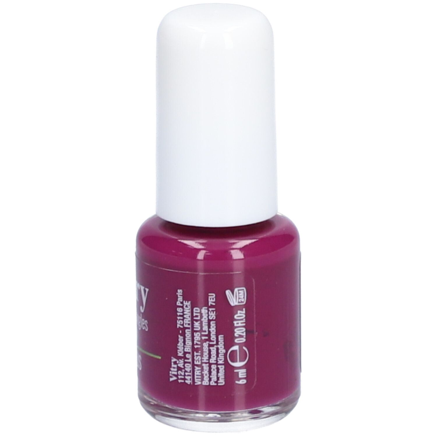 Flacon de vernis à ongles avec bouchon blanc. Inscription: Vitry, 6 ml, 0.20 fl oz. Adresse: Vitry, Paris, France. Adresse: Londres, Royaume-Uni.