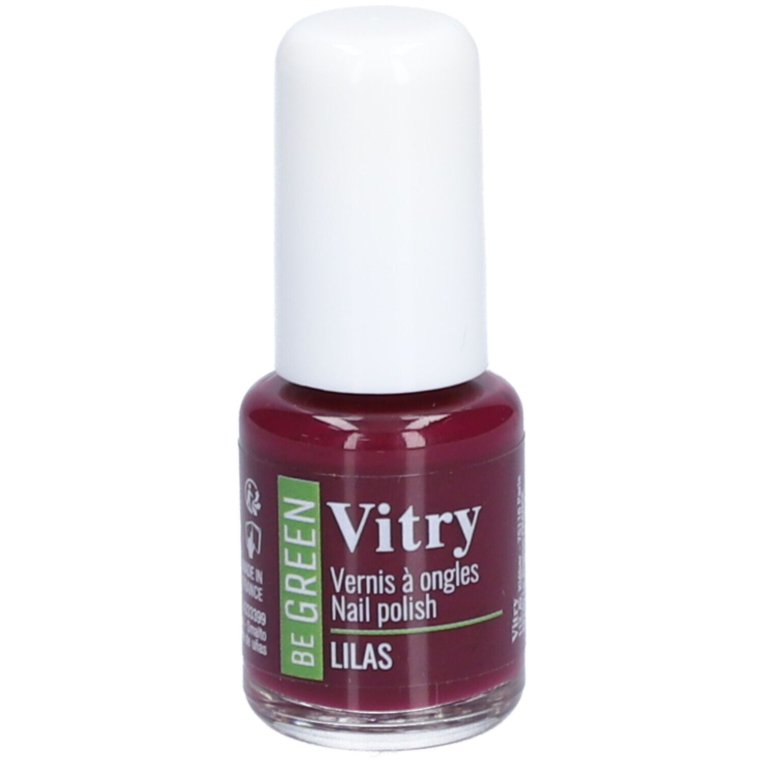 Nagellakflesje met witte dop. Opschrift: Vitry, Vernis à ongles, Lilas. Kleur: Lila.
