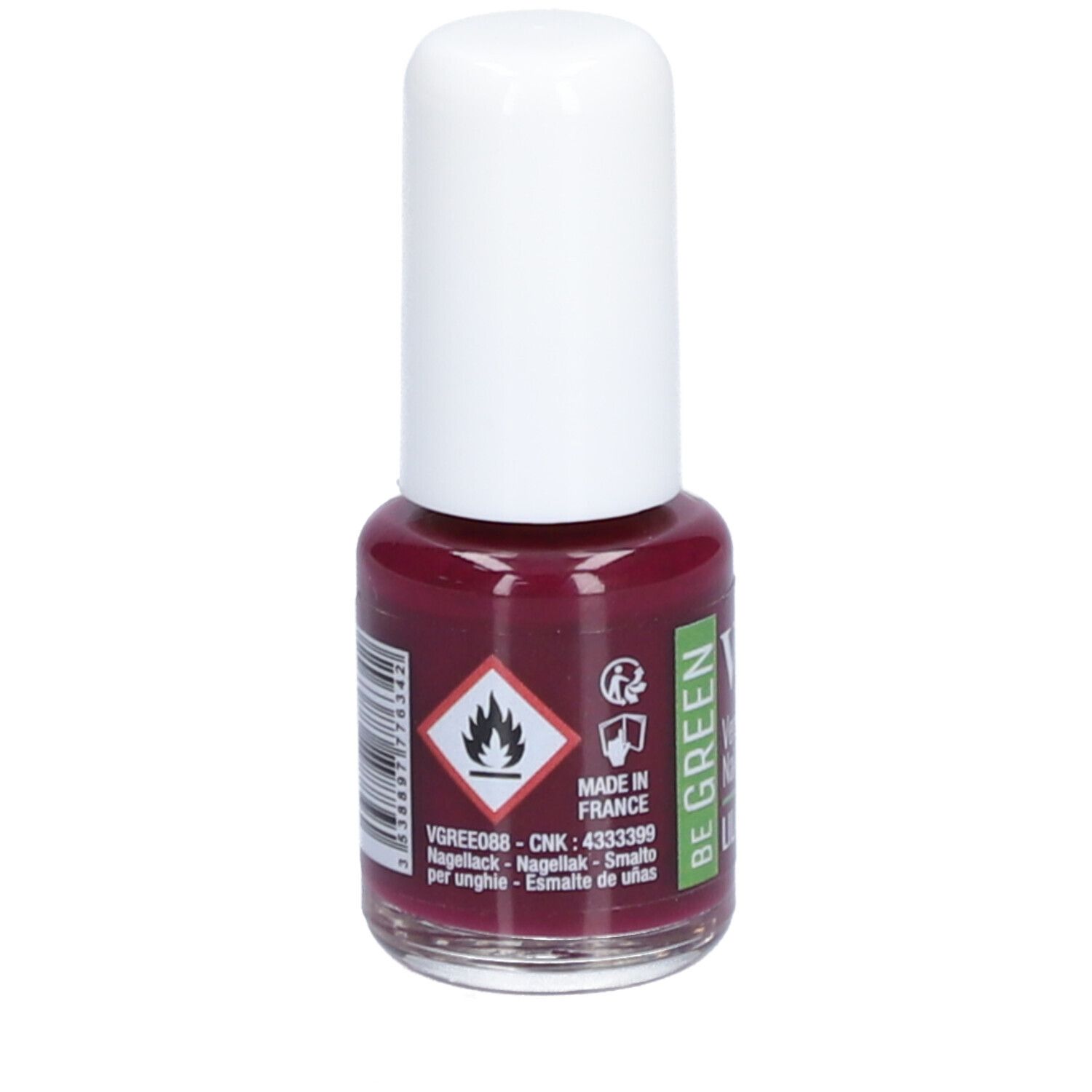 Nagellakflesje met witte dop. Achterkant: waarschuwingen, Made in France, barcode.