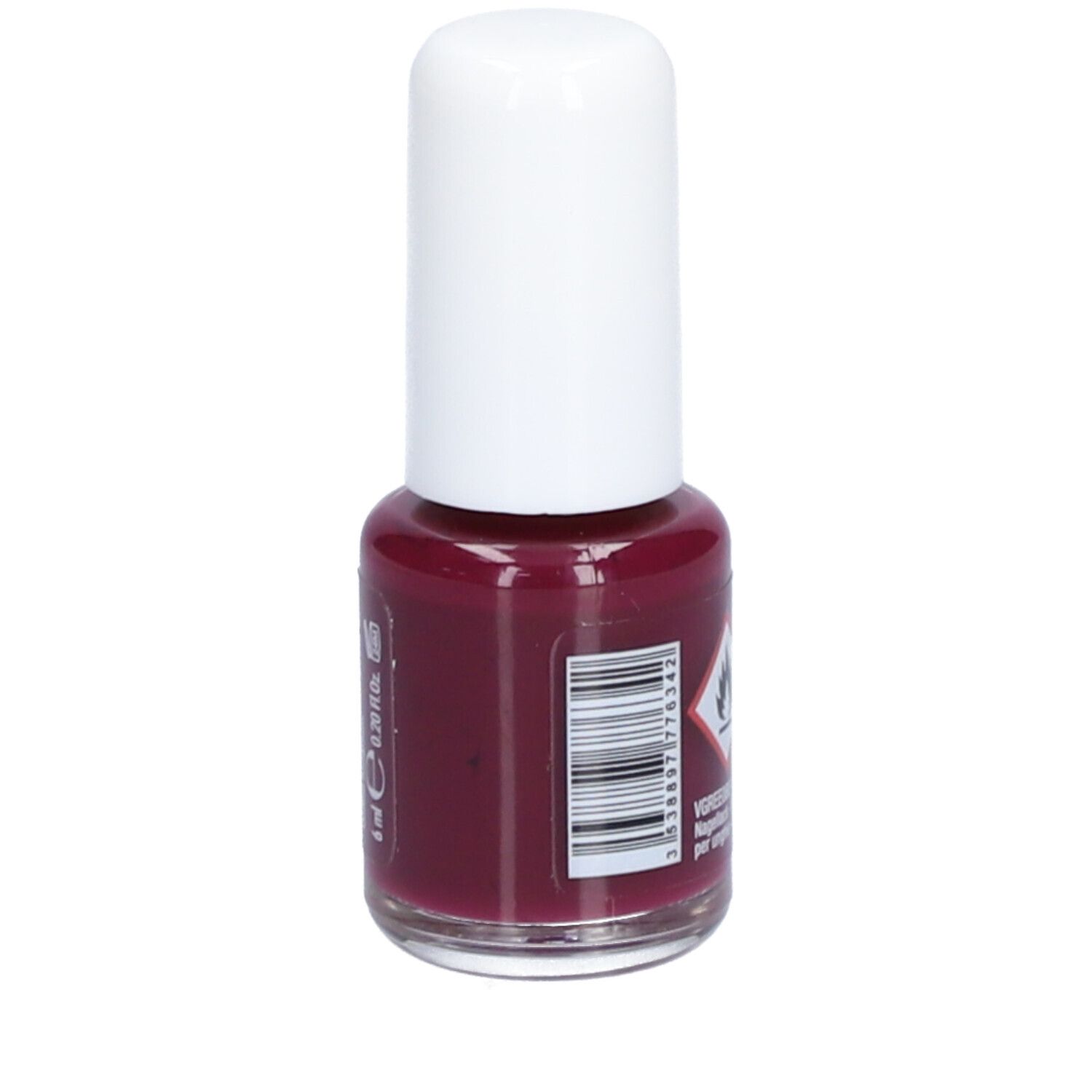 Nagellakflesje met witte dop. Achterkant met barcode en waarschuwingssymbolen.