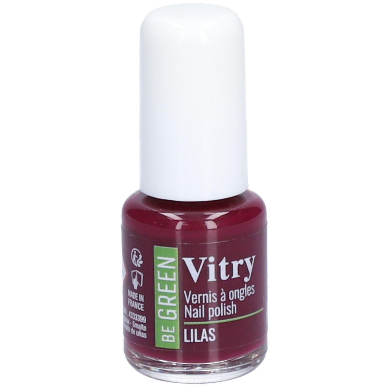 Nagellakflesje met witte dop. Opschrift: Vitry, Vernis à ongles, Lilas. Met groen logo.