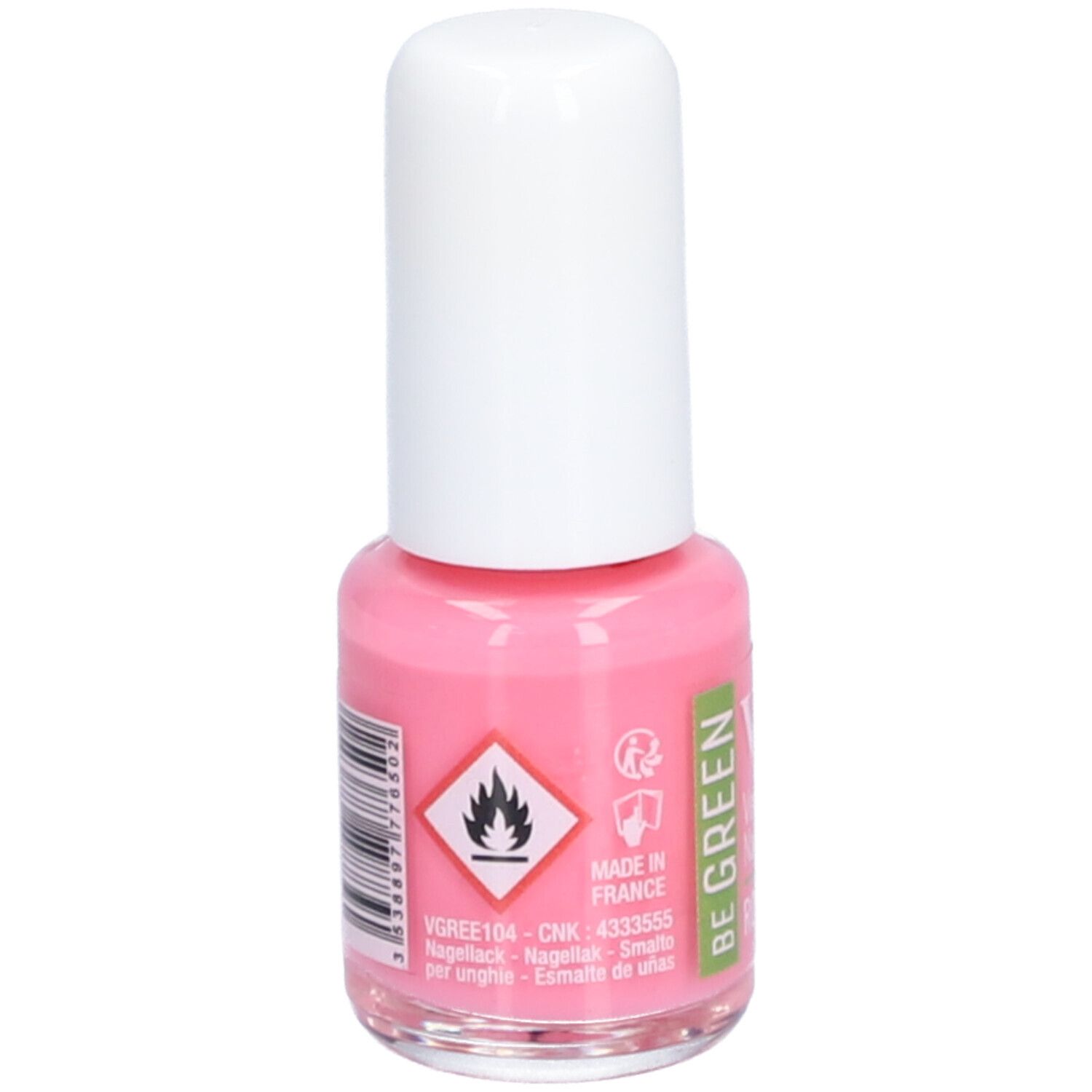 Roze nagellakfles met witte dop. Opschrift: Vitry, Be Green, Rose Celeste. Met waarschuwingssymbolen.