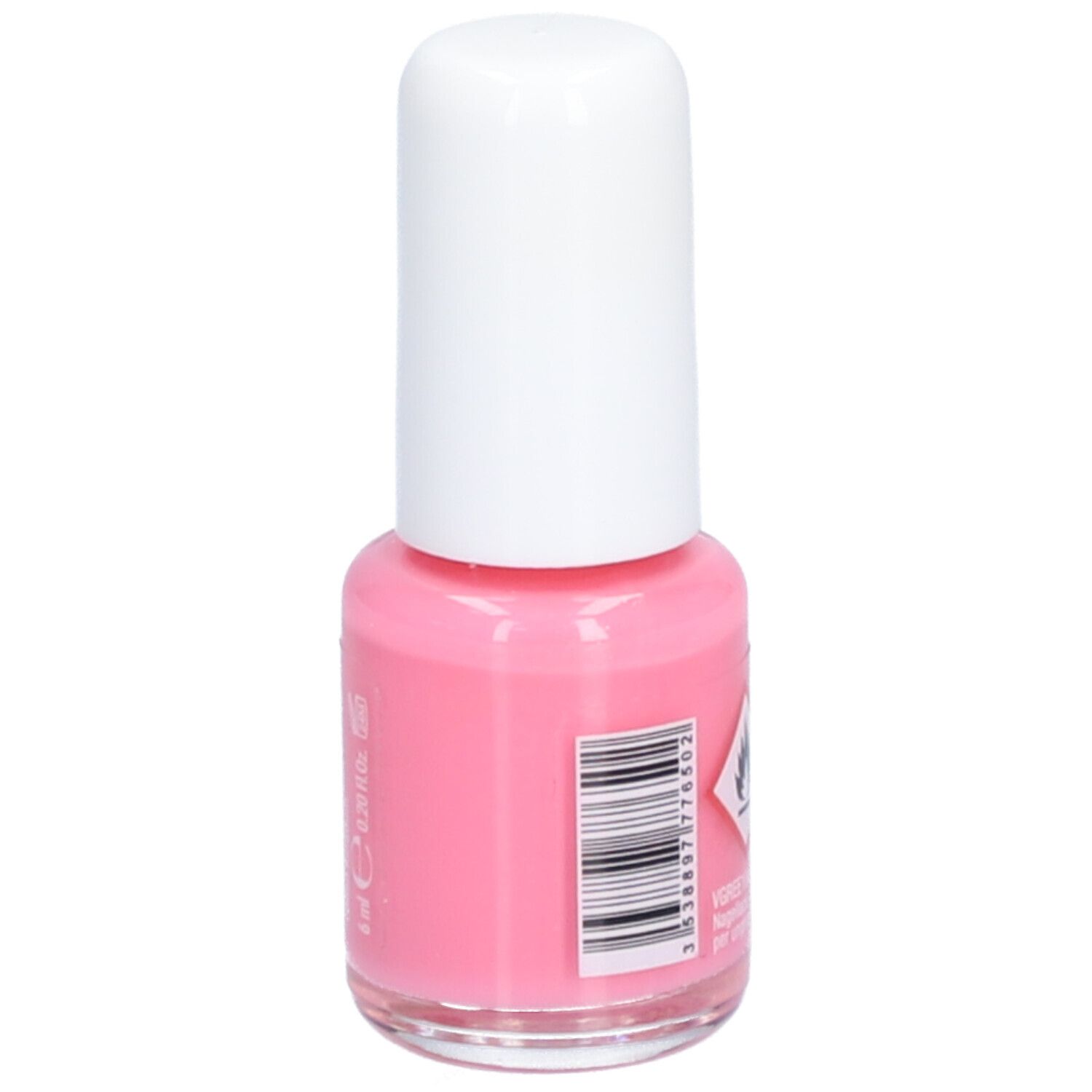 Roze nagellakfles met witte dop. Met barcode en waarschuwingssymbolen.