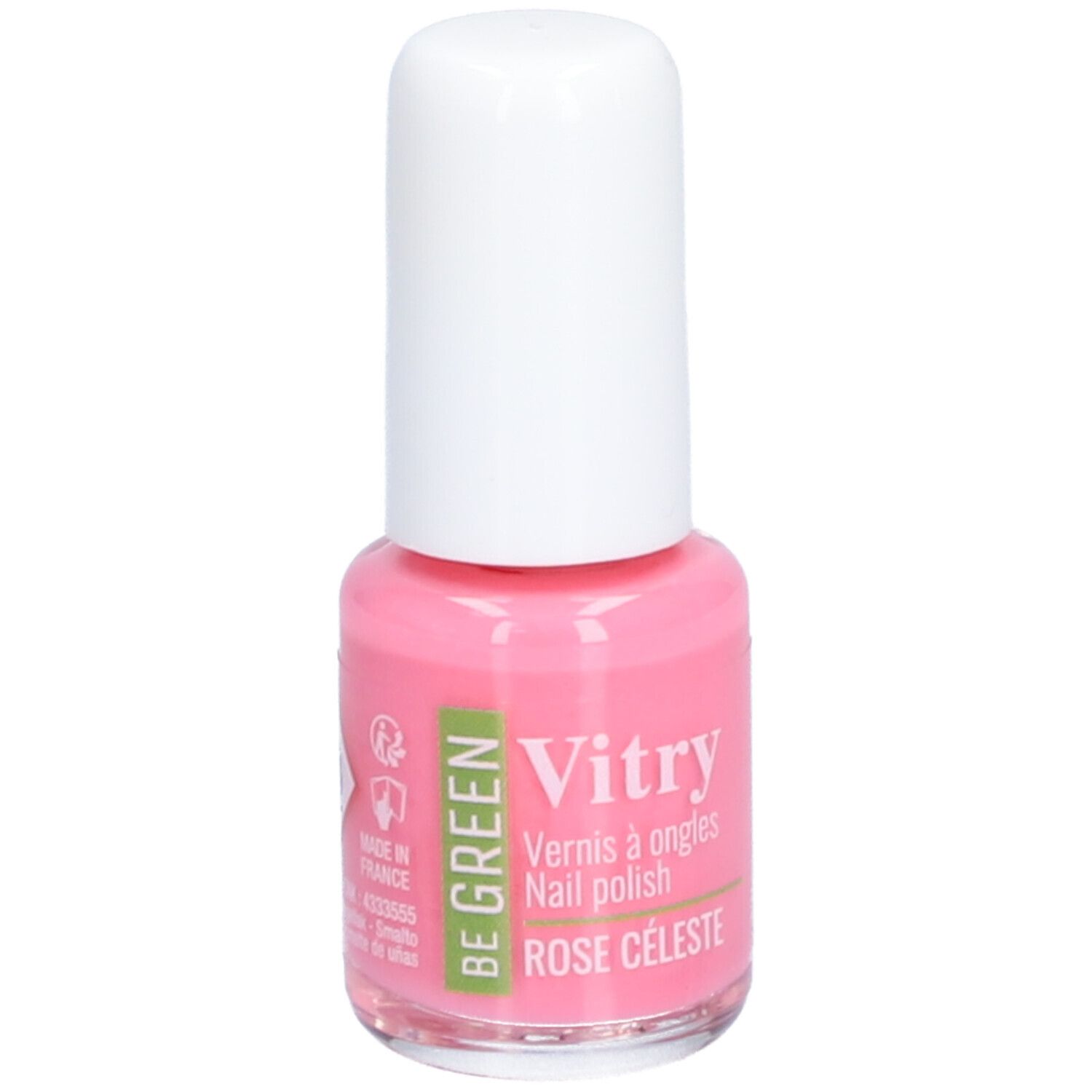 Roze nagellakfles met witte dop. Opschrift: Vitry, Be Green, Rose Celeste.