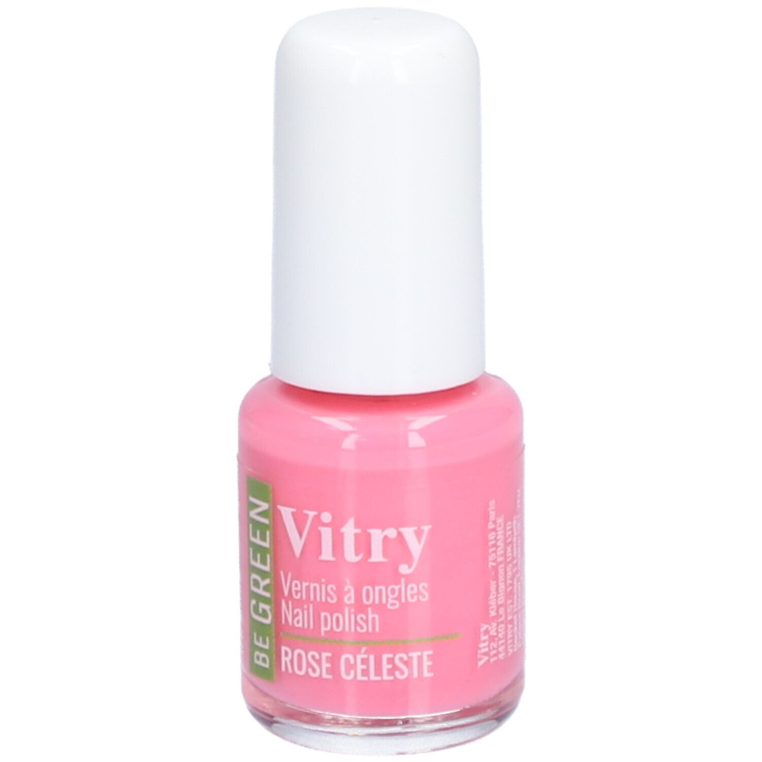Roze nagellakfles met witte dop. Opschrift: Vitry, Be Green, Rose Celeste.