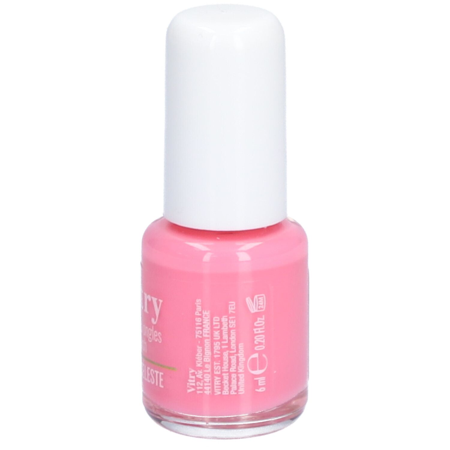 Roze nagellakfles met witte dop. Opschrift: Vitry, Rose Celeste. Volume: 6 ml.