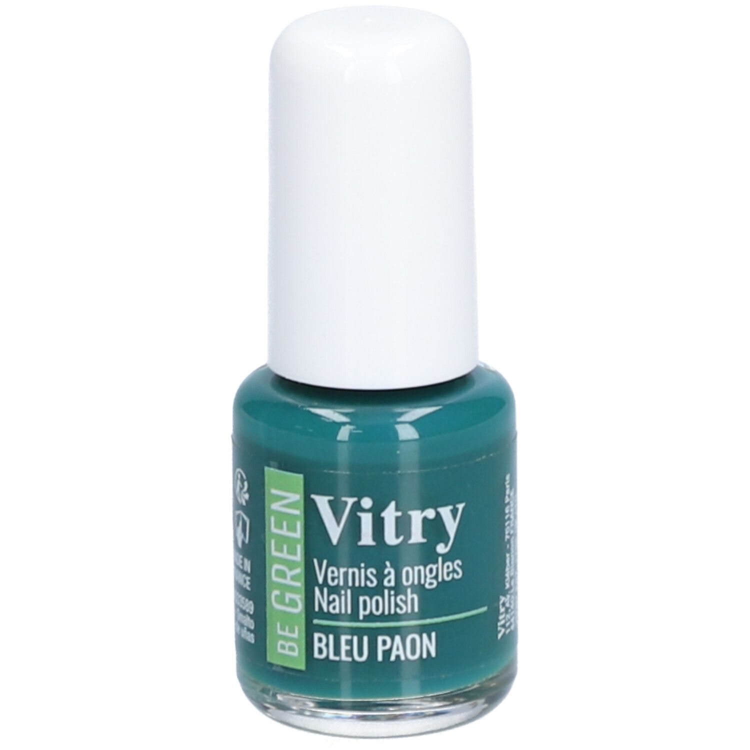 Turquoise groene nagellak in een glazen flesje met witte dop. Opschrift: Vitry, Be Green, Bleu Paon.