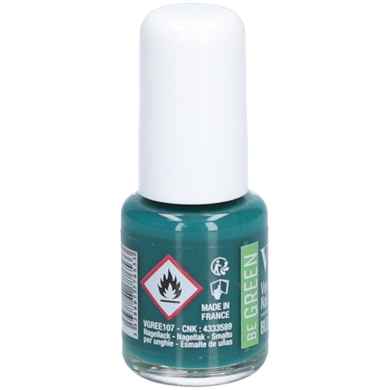 Turquoise groene nagellak in glazen flesje met witte dop. Achterkant met waarschuwingssymbool en tekst. Opschrift: Be Green, Made in France.