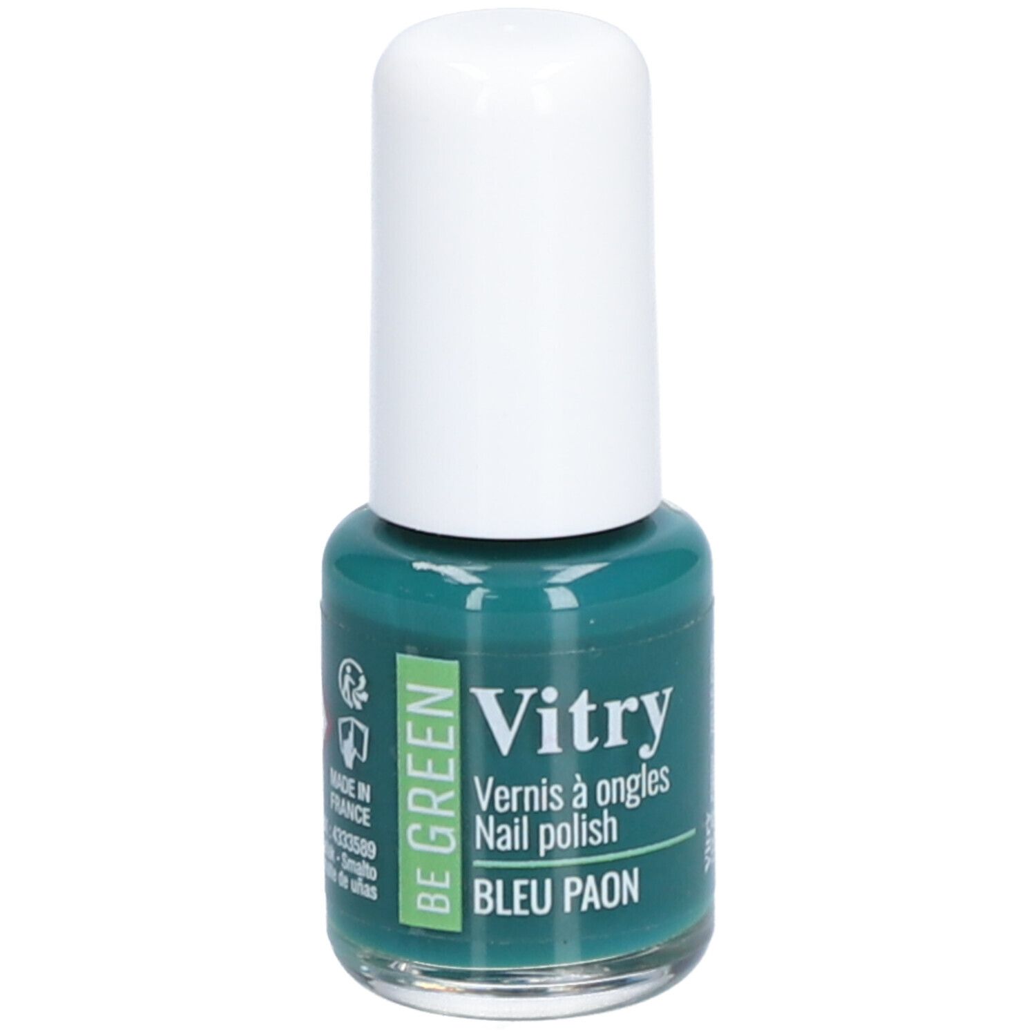 Turquoise groene nagellak in glazen flesje met witte dop. Opschrift: Vitry, Be Green, Bleu Paon, met recyclagesymbool.