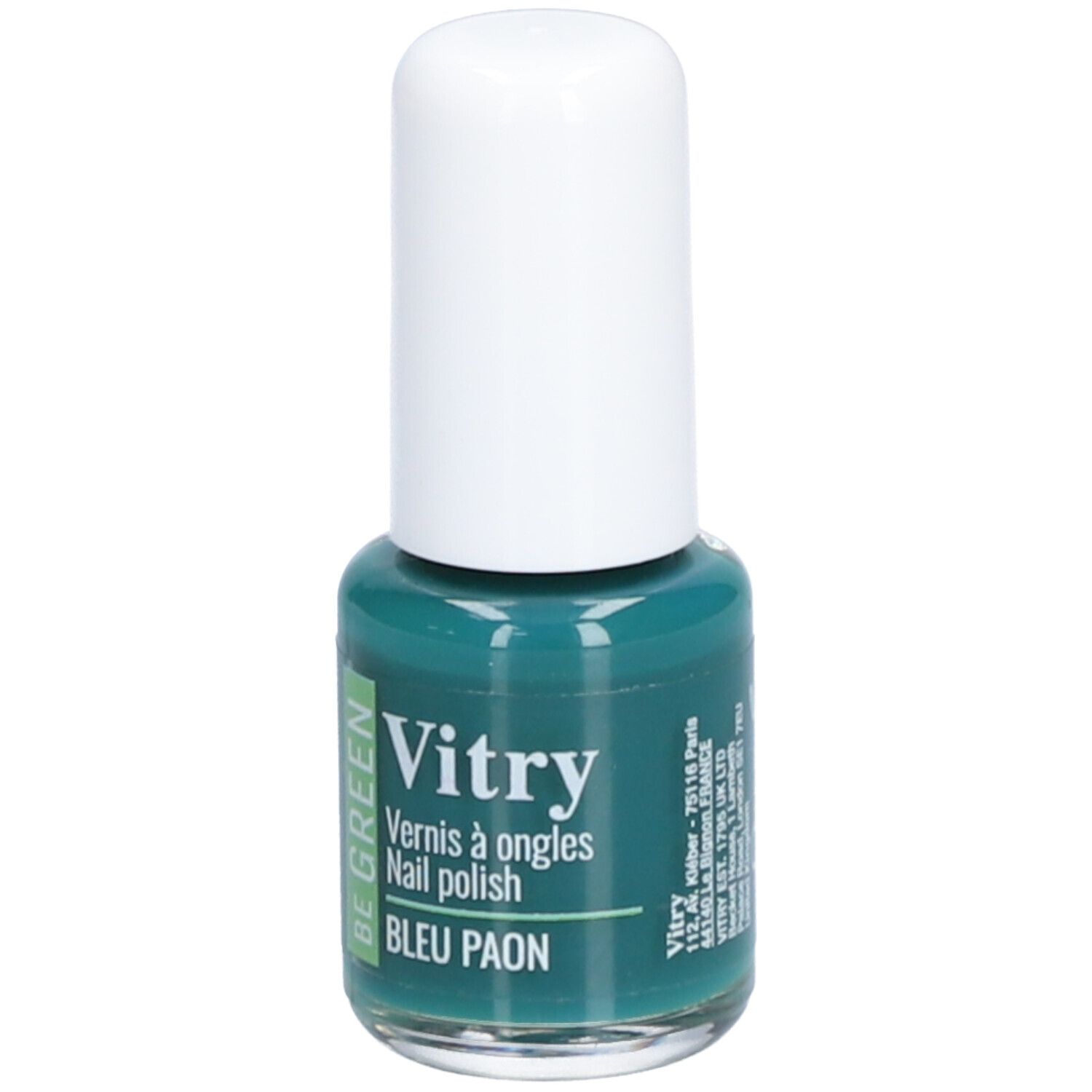 Turquoise groene nagellak in glazen flesje met witte dop. Opschrift: Vitry, Vernis à ongles, Bleu Paon.