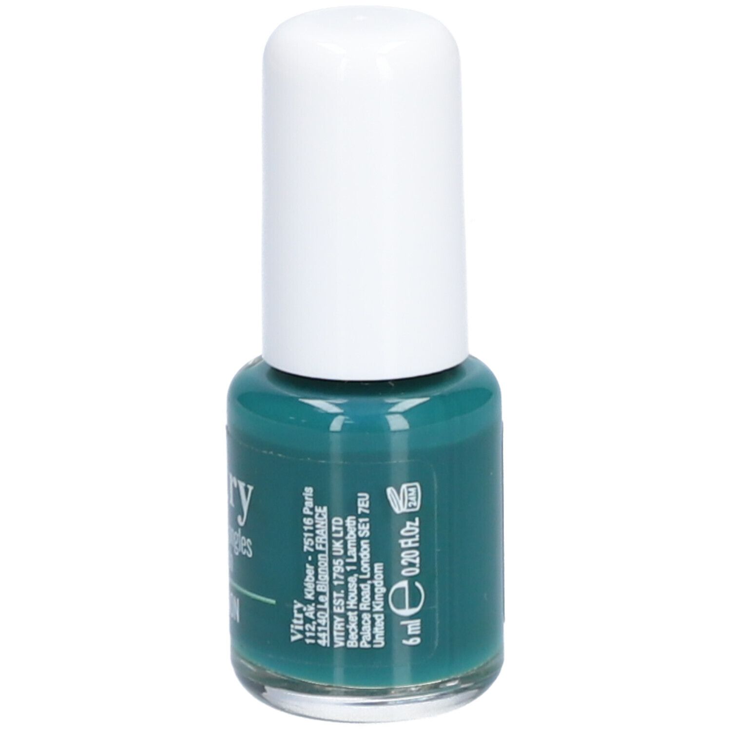 Turquoise groene nagellak in glazen flesje met witte dop. Opschrift: Vitry, 6 ml, 0.20 fl.oz.
