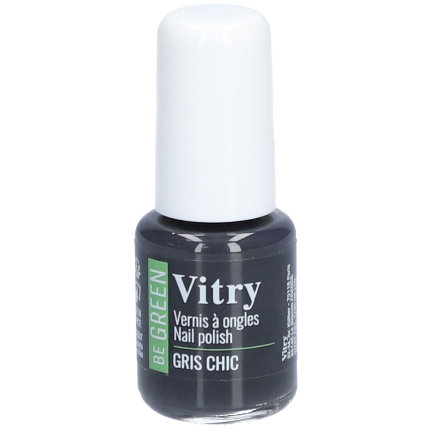 Grijze nagellakfles met witte dop. Opschrift: Vitry, BE GREEN, Gris Chic.
