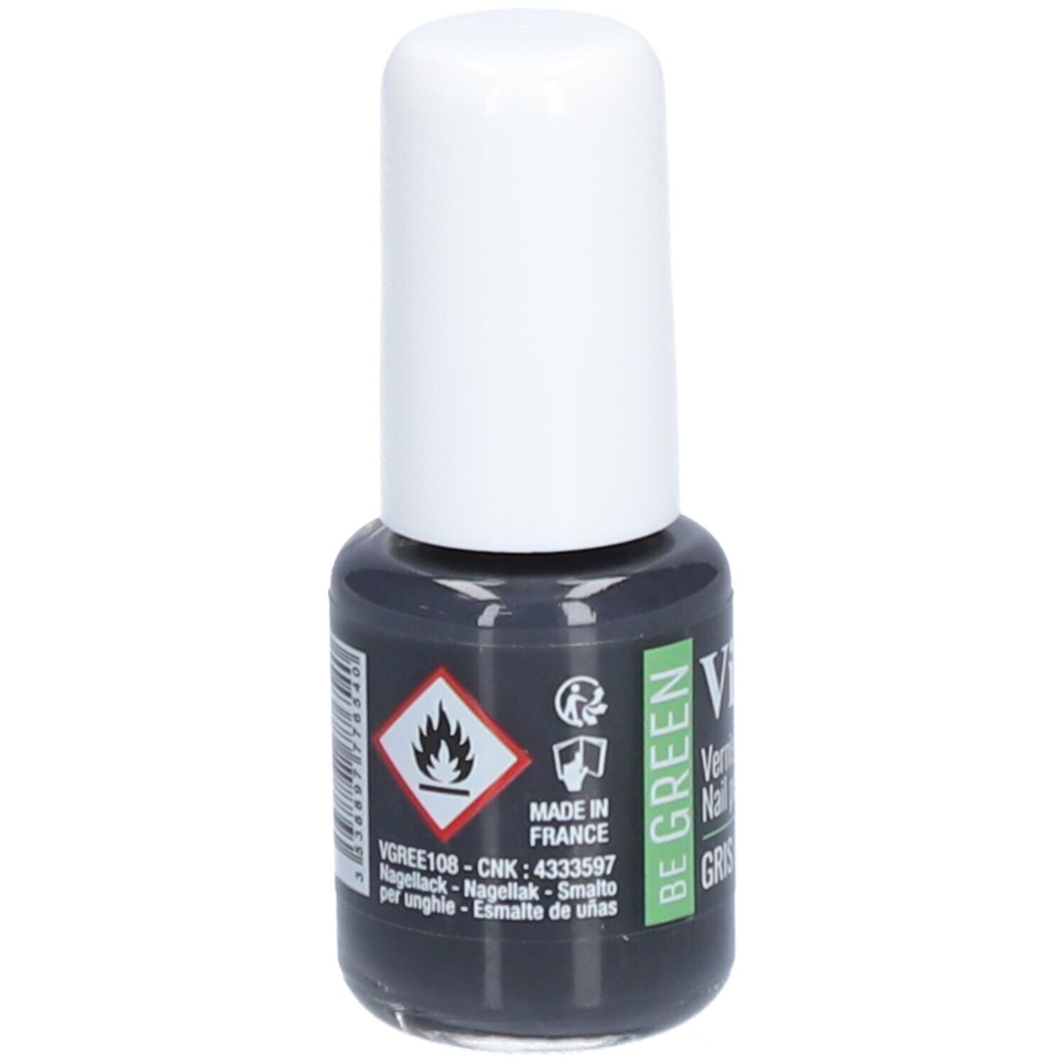 Nagellakfles met witte dop. Opschrift: Vitry, BE GREEN. Gevaarlijk: ontvlambaar. Gemaakt in Frankrijk.
