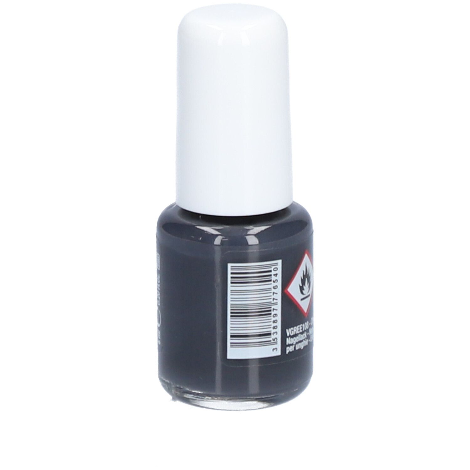 Nagellakfles met witte dop. Streepjescode en waarschuwing: ontvlambaar. Grijze kleur.