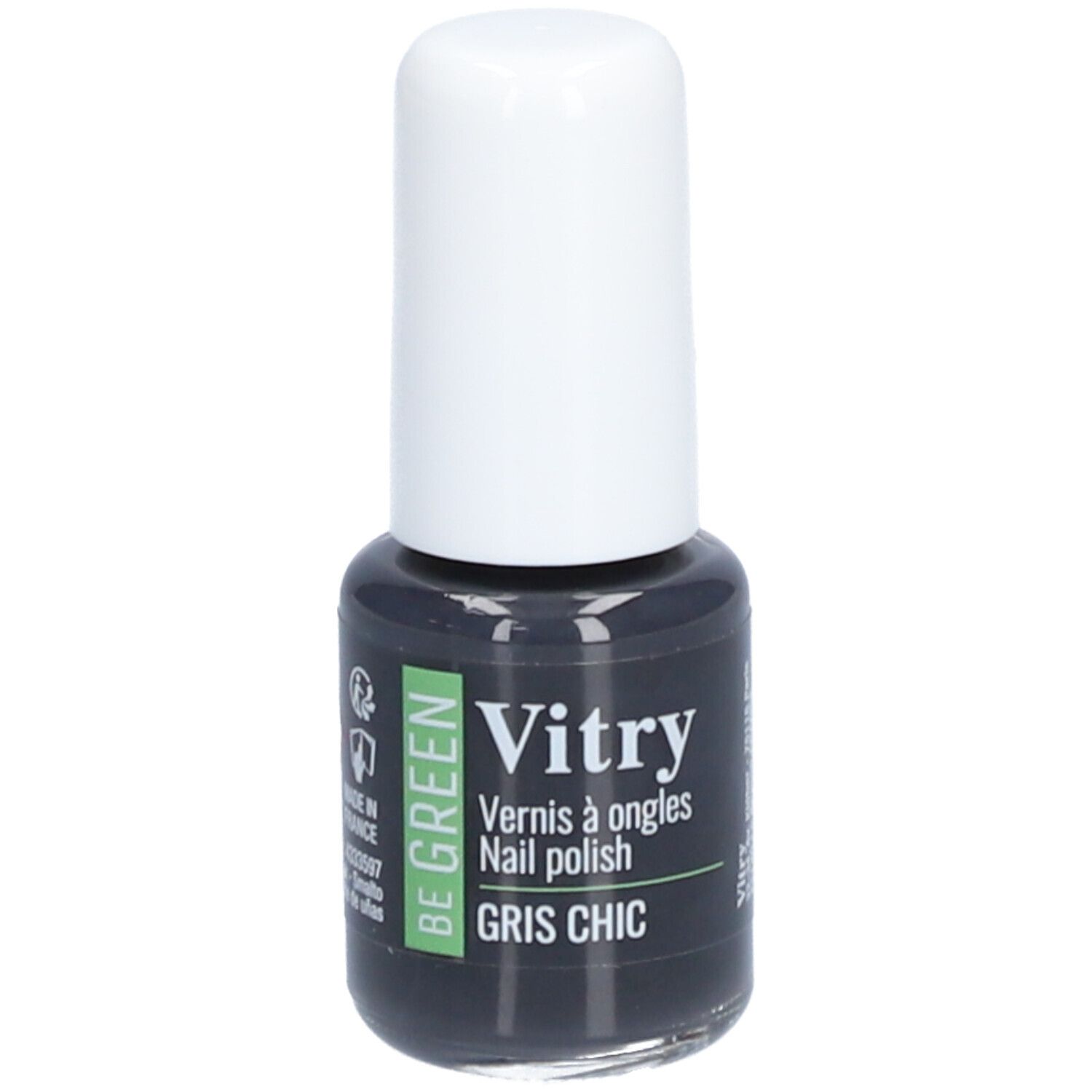 Nagellakfles met witte dop. Opschrift: Vitry, BE GREEN, Gris Chic. Grijze kleur.