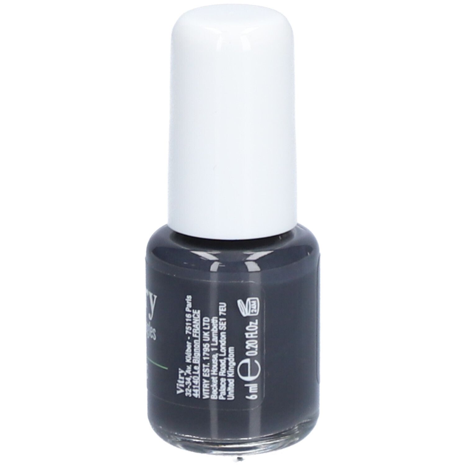 Nagellakfles met witte dop. Opschrift: Vitry. Volume: 6 ml. Adres van de fabrikant.