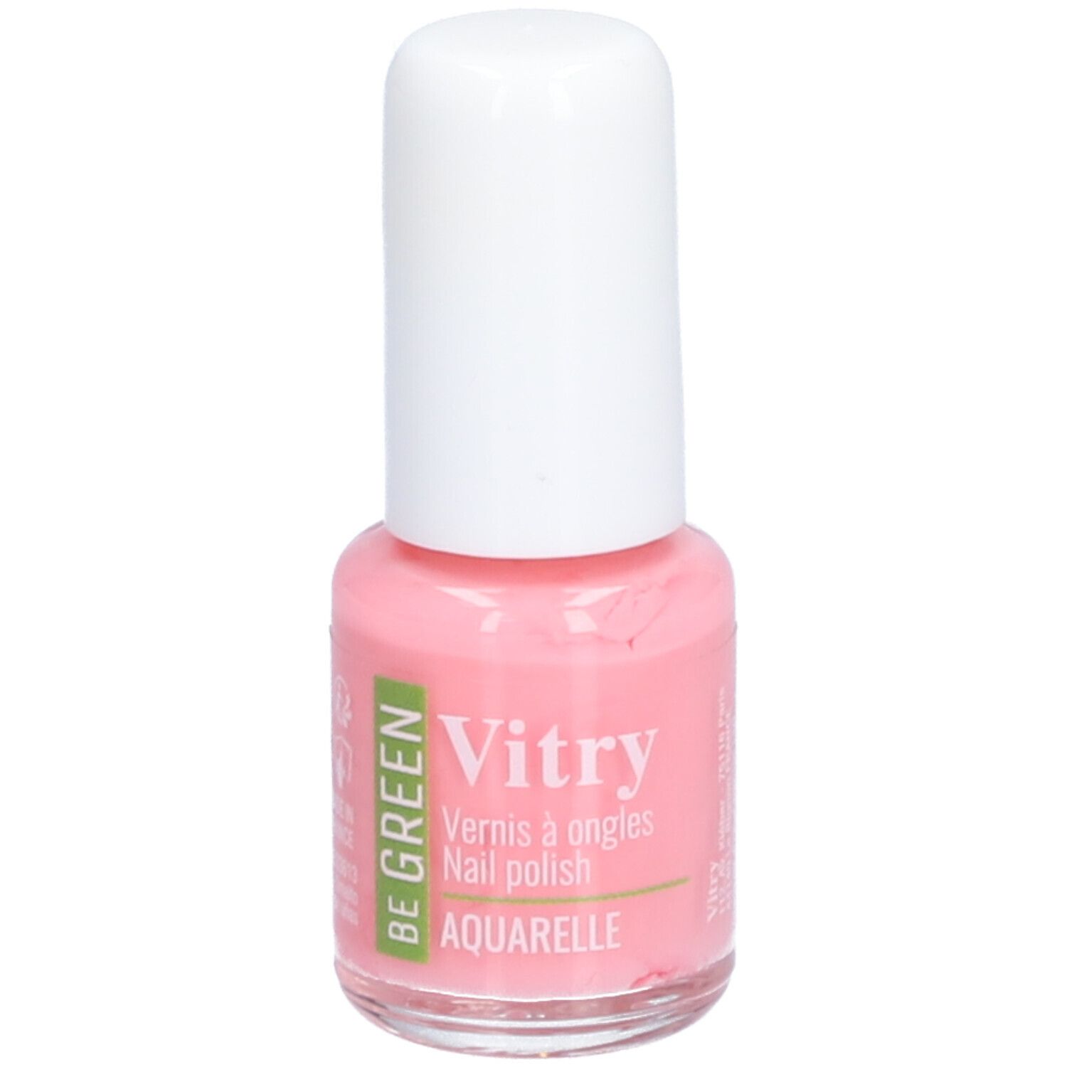 Flacon de vernis à ongles rose avec bouchon blanc. Inscriptions: Vitry, Be Green, Aquarell.