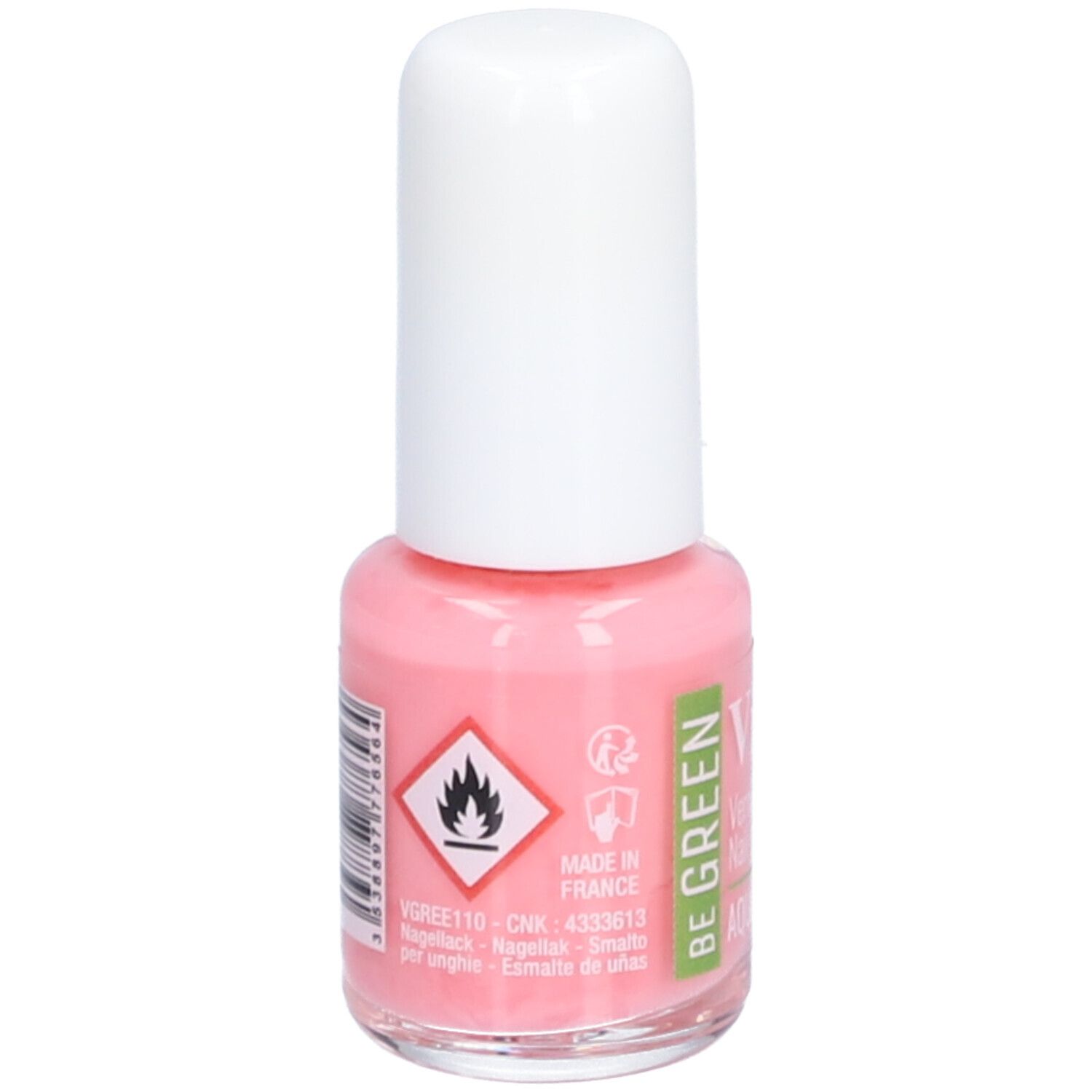 Flacon de vernis à ongles rose avec bouchon blanc. Au dos, avertissement et texte: Made in France.