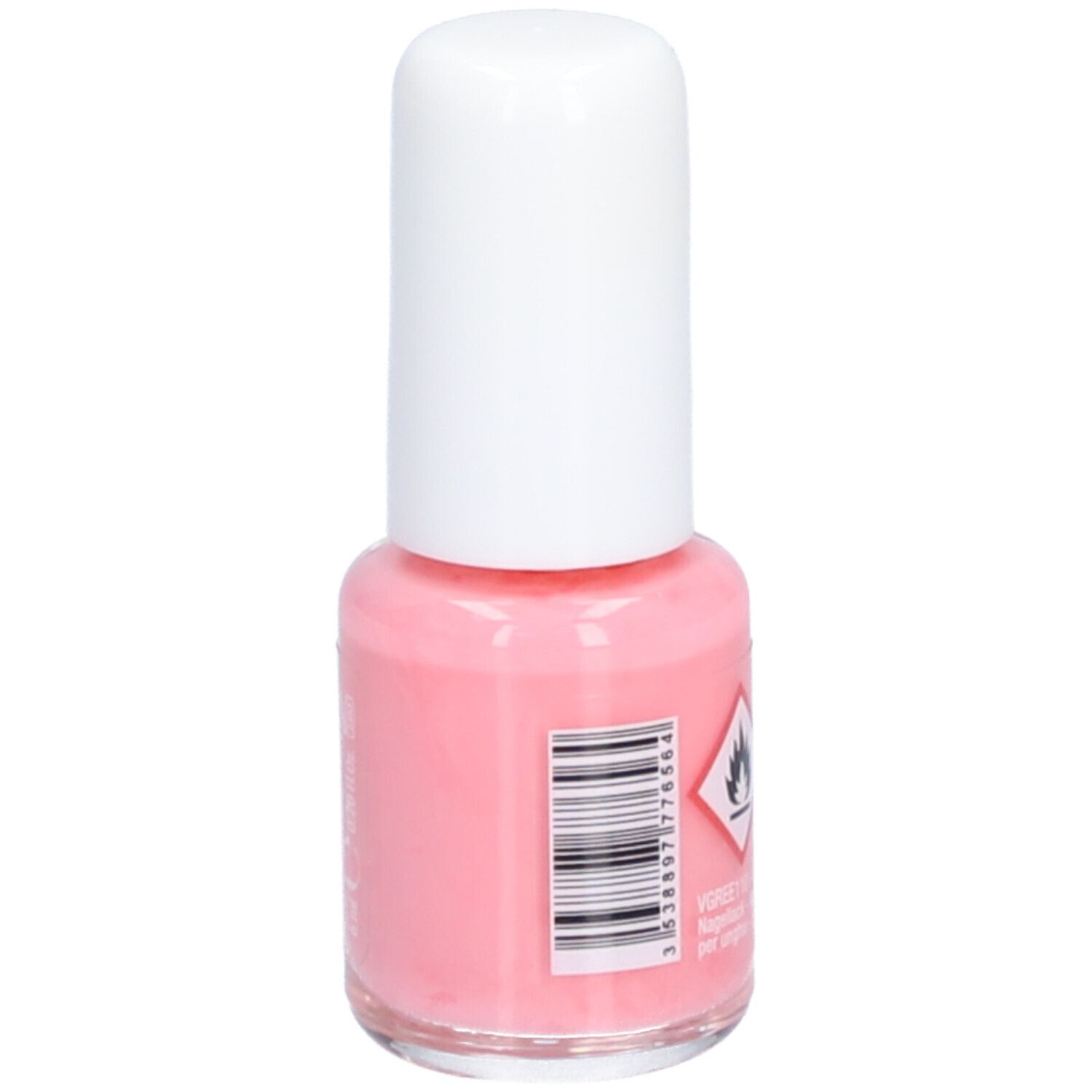 Flacon de vernis à ongles rose avec bouchon blanc. Dos avec code-barres et avertissement.