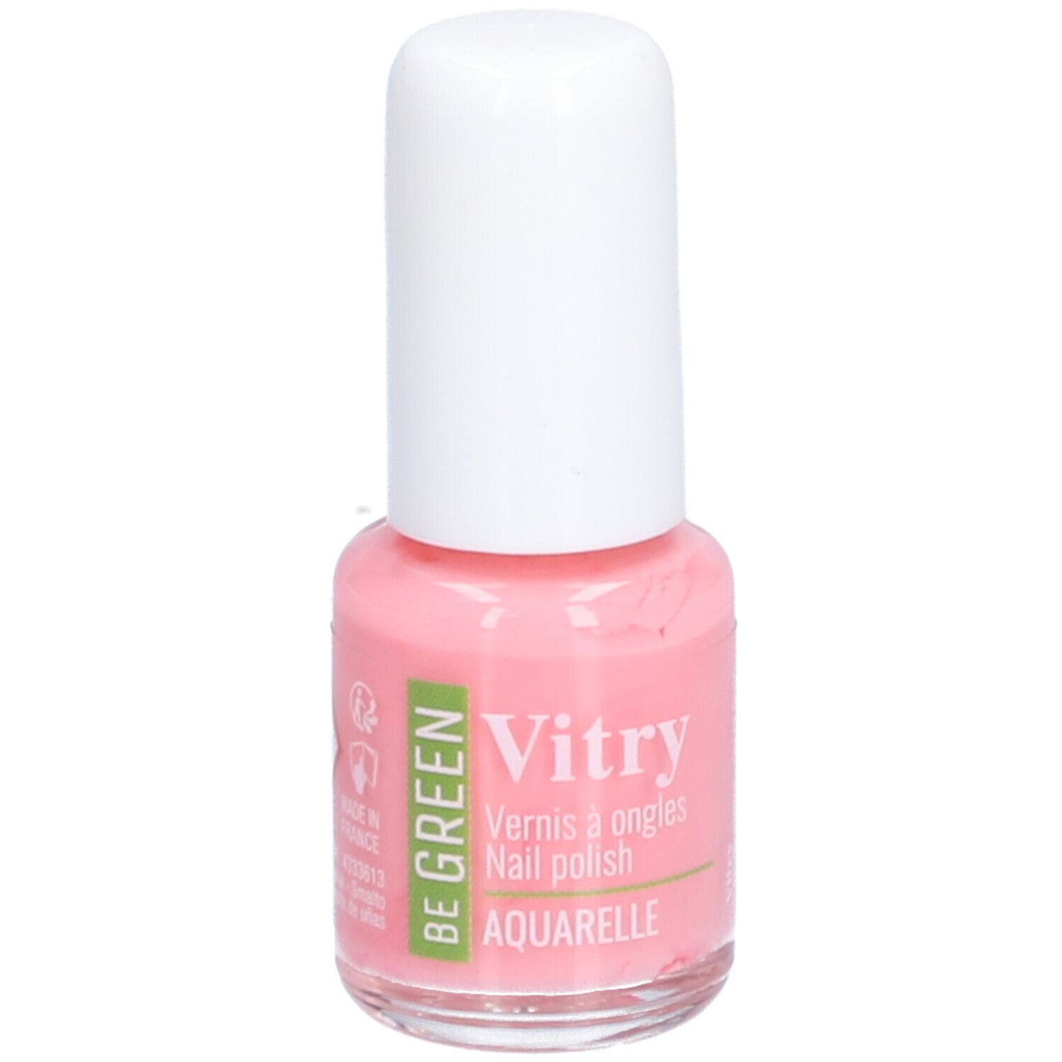Flacon de vernis à ongles rose avec bouchon blanc. Inscriptions: Vitry, Be Green, Aquarell. Fabriqué en France.