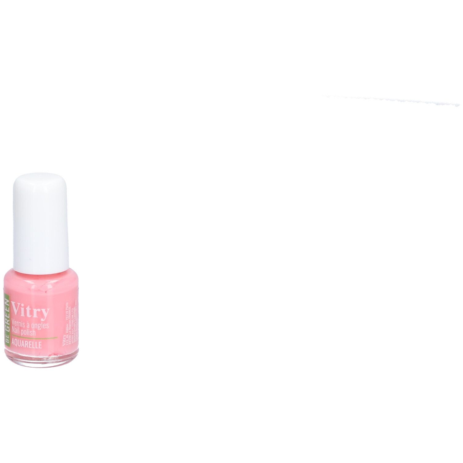 Flacon de vernis à ongles rose avec bouchon blanc. Inscription: Vitry, Aquarell. Produit placé à gauche.