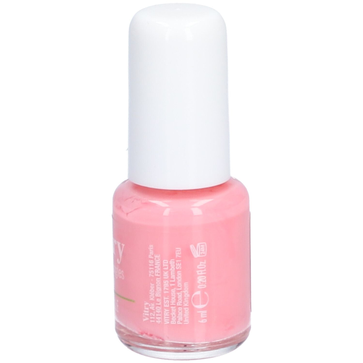 Flacon de vernis à ongles rose avec bouchon blanc. Inscription: Vitry, 6 ml. Dos avec texte et symboles.