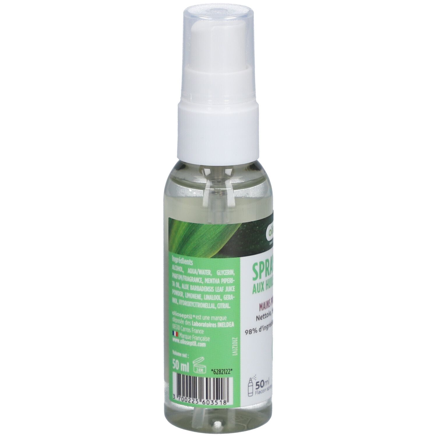 Flacon spray transparent avec tête blanche. Inscriptions: Olioseptil, Spray Lavant, aux huiles essentielles, Mains propres & douces.