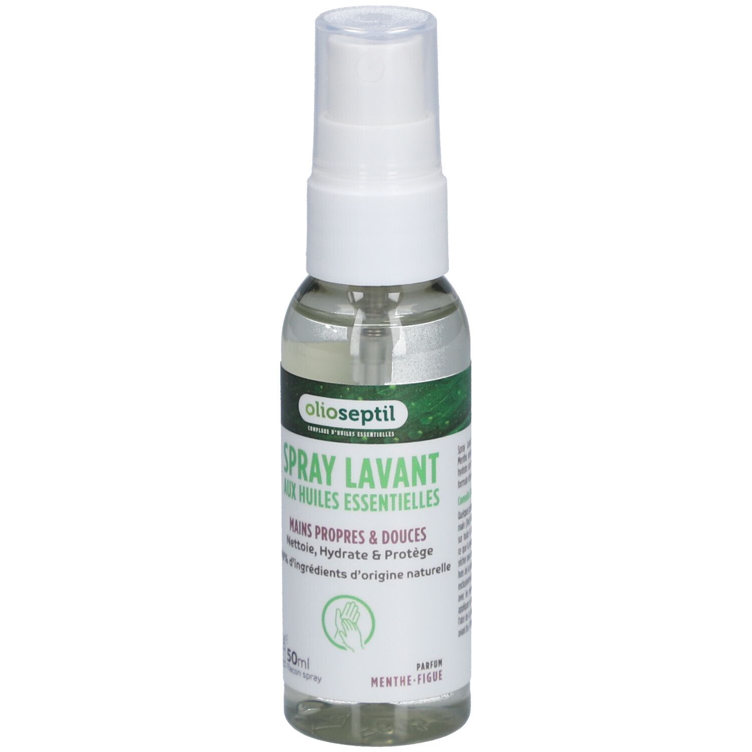 Flacon spray transparent avec tête blanche. Inscriptions: Olioseptil, Spray Lavant, aux huiles essentielles, Mains propres & douces.