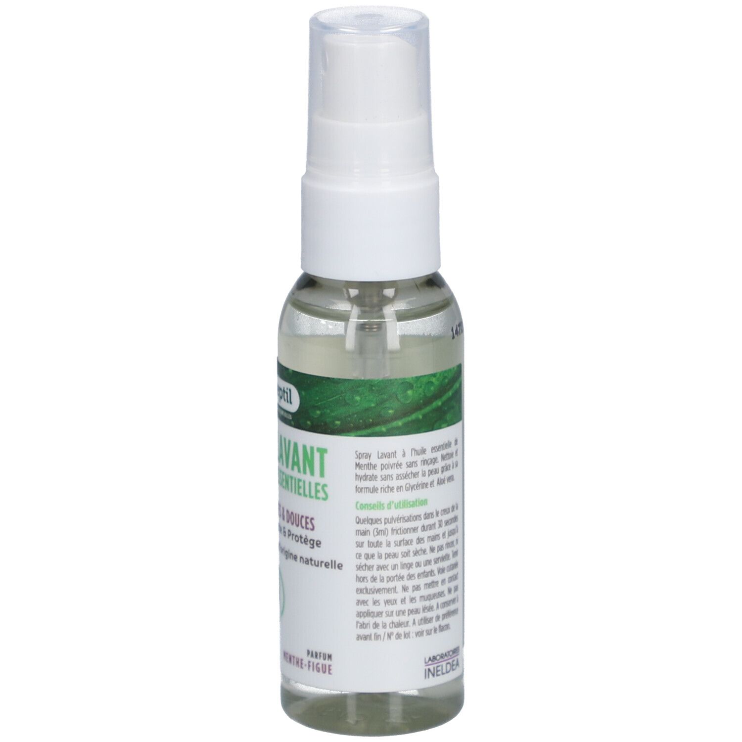 Flacon spray transparent avec tête blanche. Inscriptions: Olioseptil, Spray Lavant, aux huiles essentielles, Mains propres & douces.