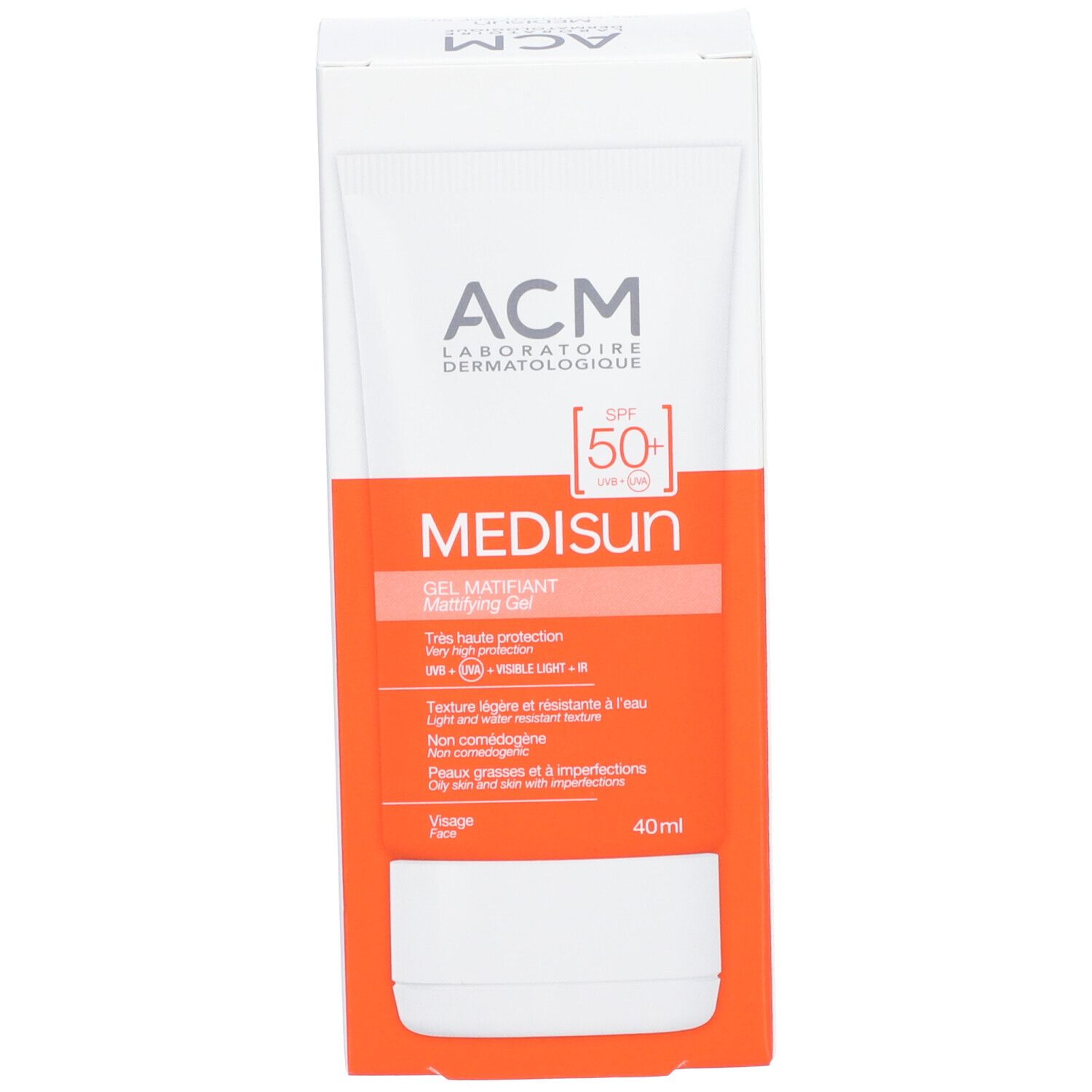 ACM Médisun Gel Matifiant SPF 50+ dans son emballage. Orange et blanc. 40ml. Texte en français.
