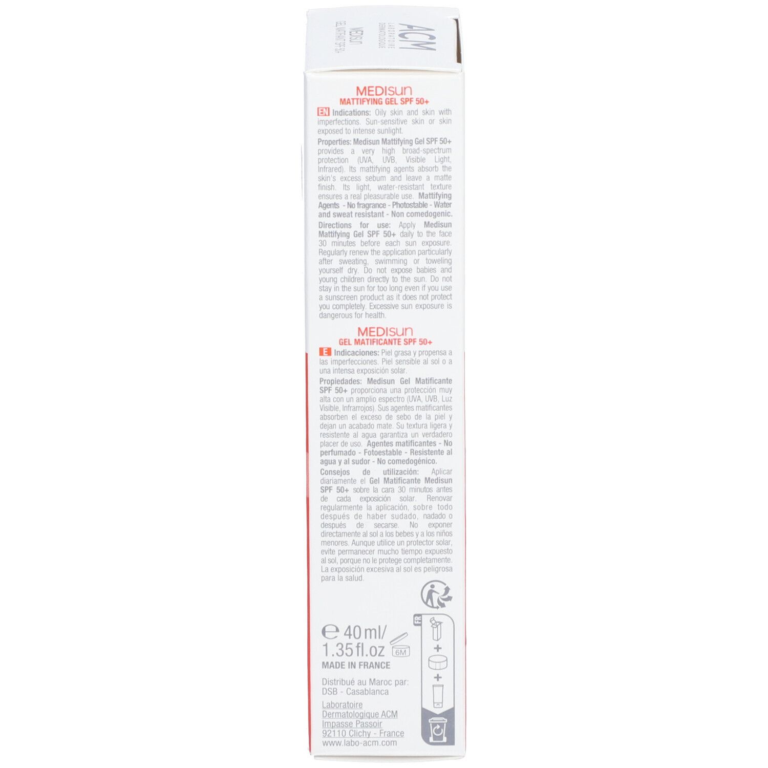 Emballage ACM Médisun Gel Matifiant SPF 50+. Orange et blanc. Texte en plusieurs langues, dont le français.