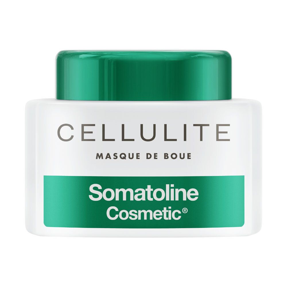 Witte pot met groene deksel. Opschrift CELLULITE MASQUE DE BOUE en Somatoline Cosmetic®.