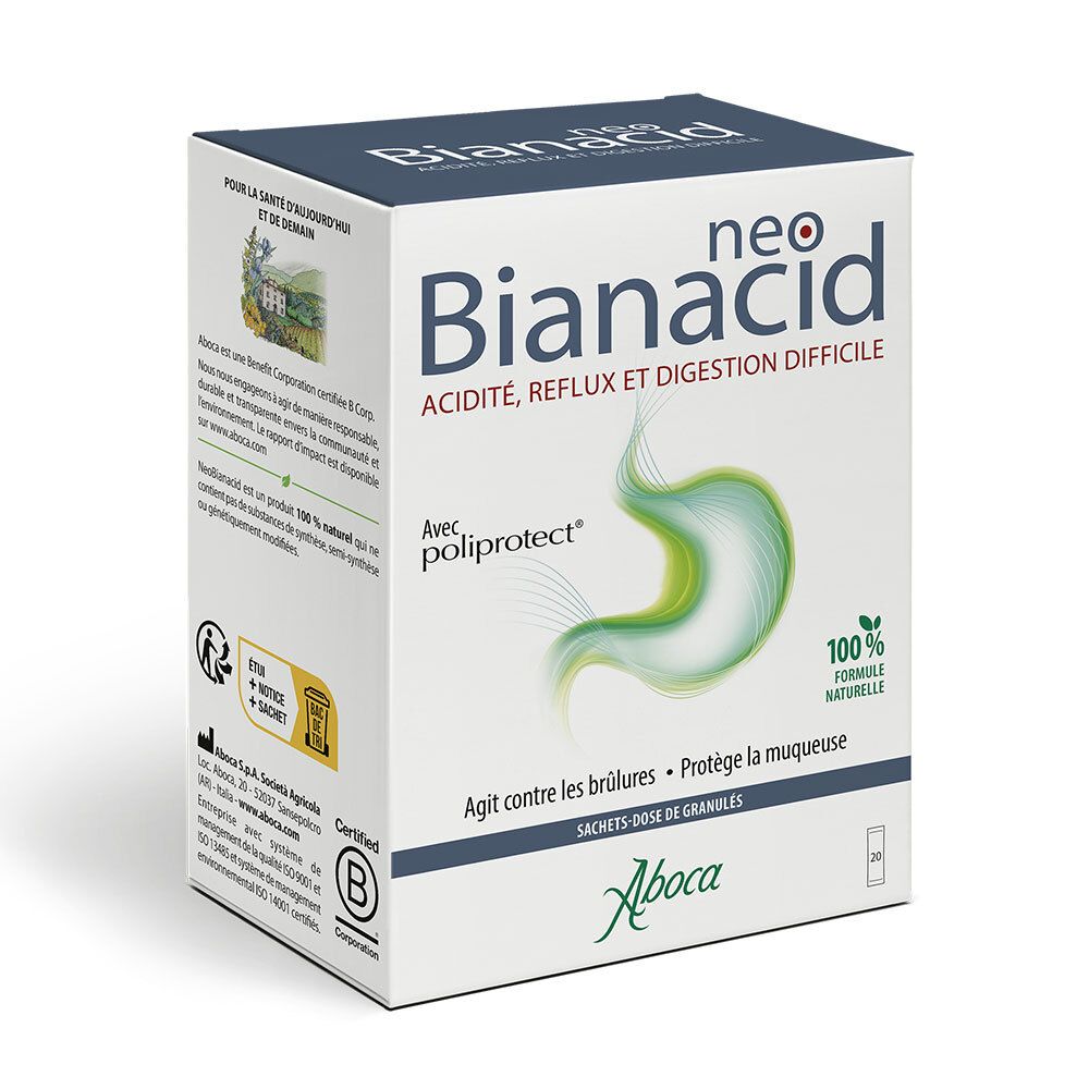 Boîte NEOBIANACID. Inscription: Acidité, Reflux et Digestion difficile. Logo Aboca. 20 sachets.