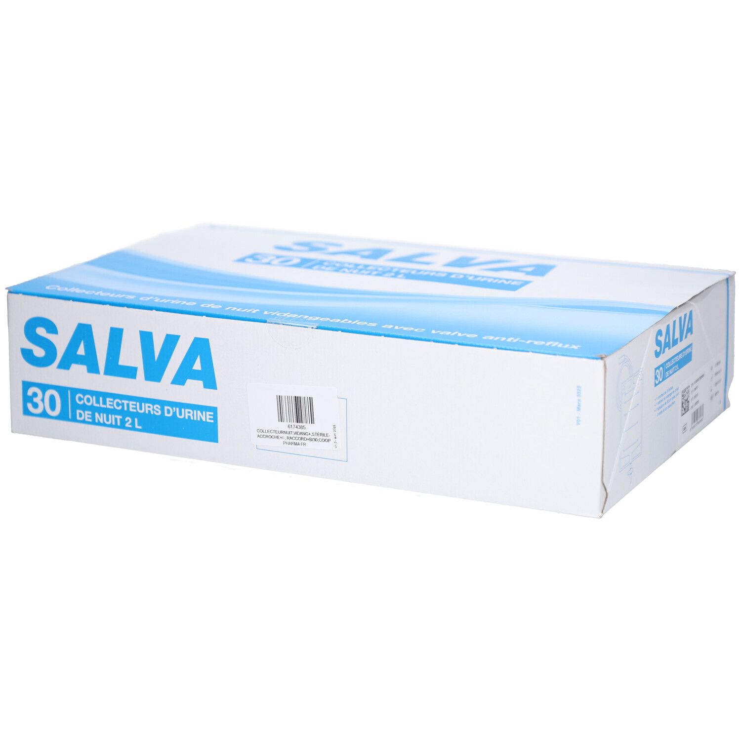 Boîte blanche SALVA, COLLECTEURS D'URINE DE NUIT 2 L, 30 unités. Motif vagues bleues. Code-barres et informations.