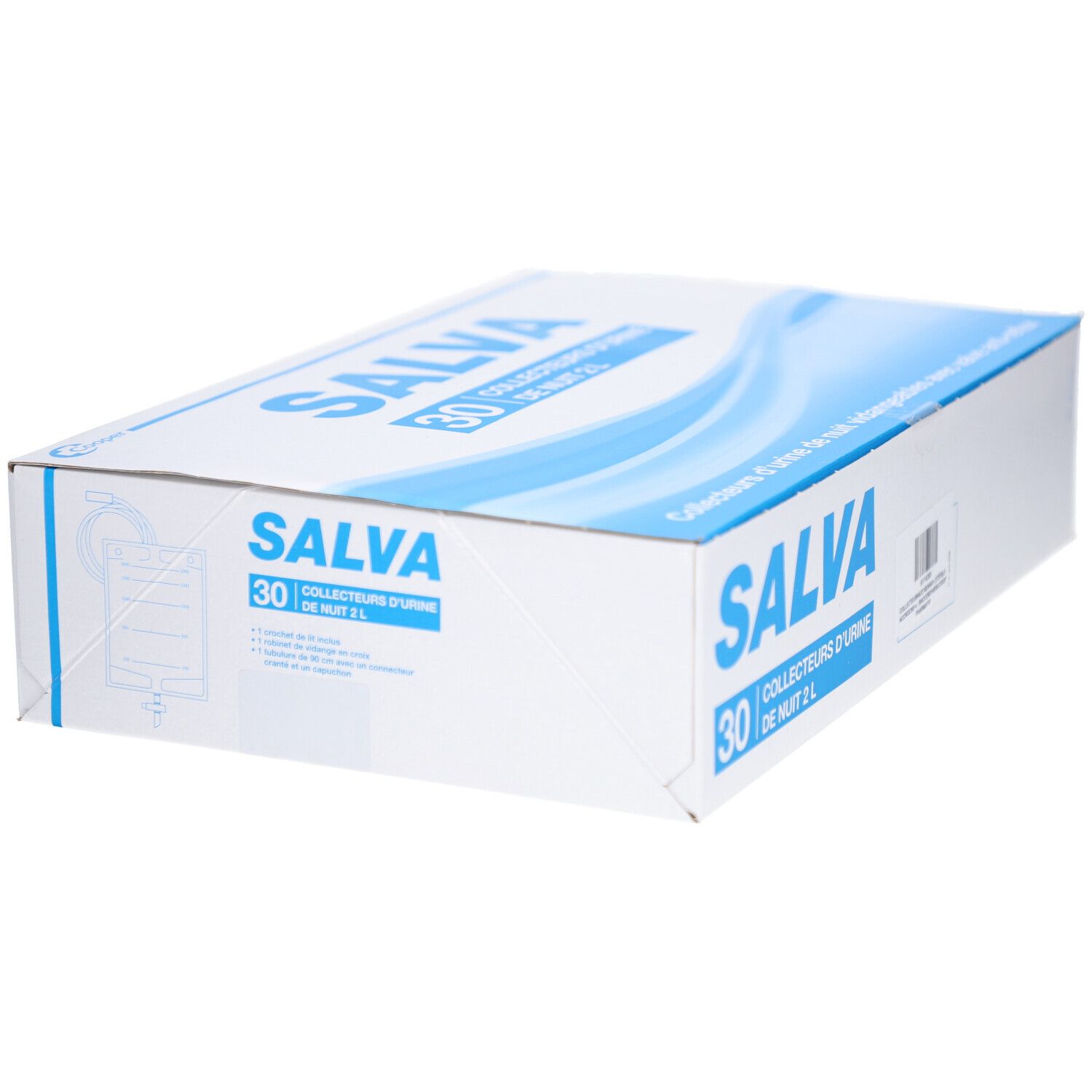 Boîte SALVA, COLLECTEURS D'URINE DE NUIT 2 L, 30 unités. Vue latérale. Motif vagues bleues. Code-barres et détails.
