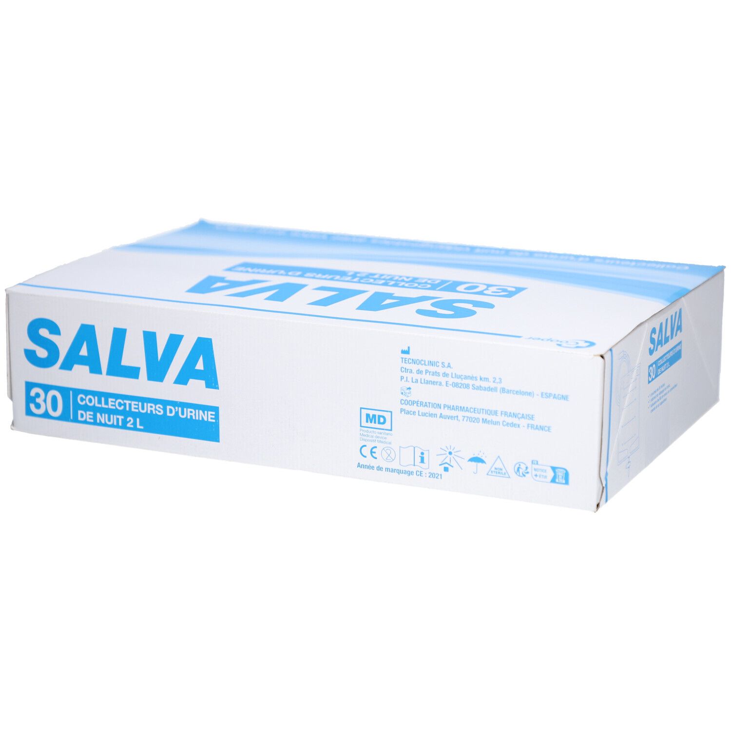 Boîte SALVA, COLLECTEURS D'URINE DE NUIT 2 L, 30 unités. Motif vagues bleues. Logo MD et marquage CE.
