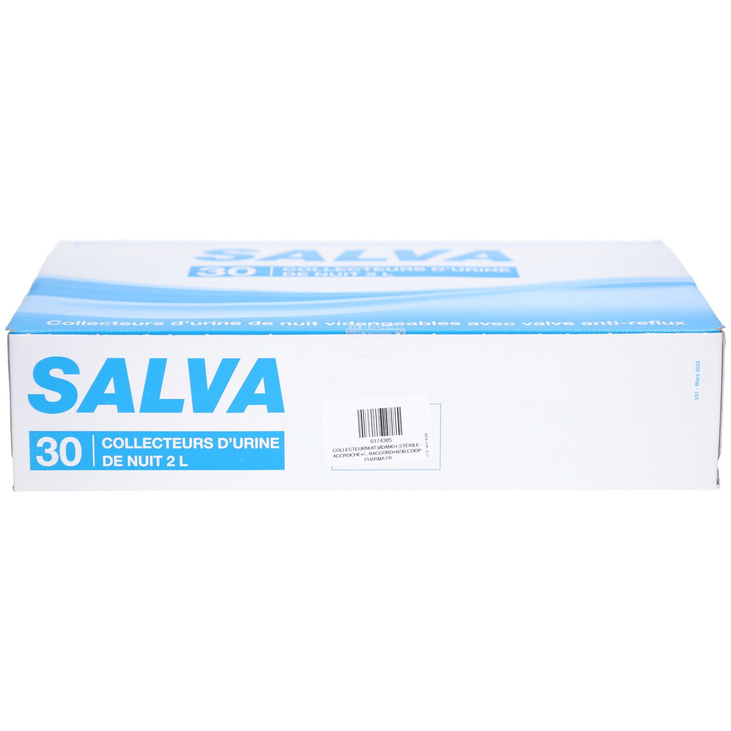 Boîte SALVA, COLLECTEURS D'URINE DE NUIT 2 L, 30 unités. Vue de face. Motif vagues bleues. Code-barres et détails.