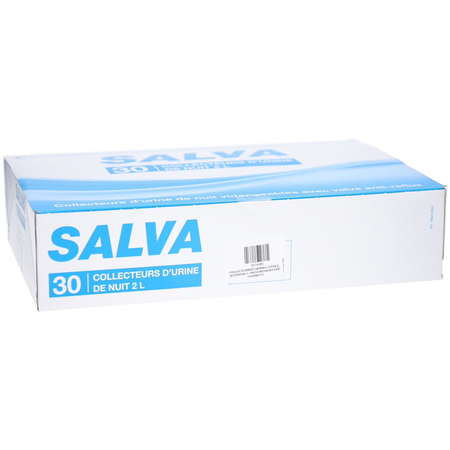Boîte SALVA, COLLECTEURS D'URINE DE NUIT 2 L, 30 unités. Vue de face. Motif vagues bleues. Code-barres et détails.