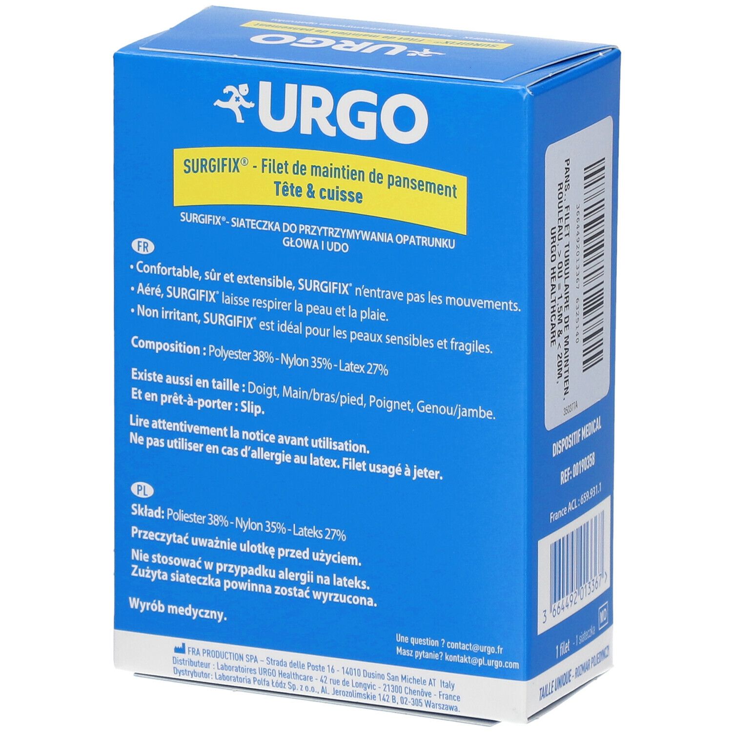 Blauwe doos. Urgo Surgifix, Filet de maintien de pansement, Tête & Cuisse. Productinformatie in het Frans en Pools.