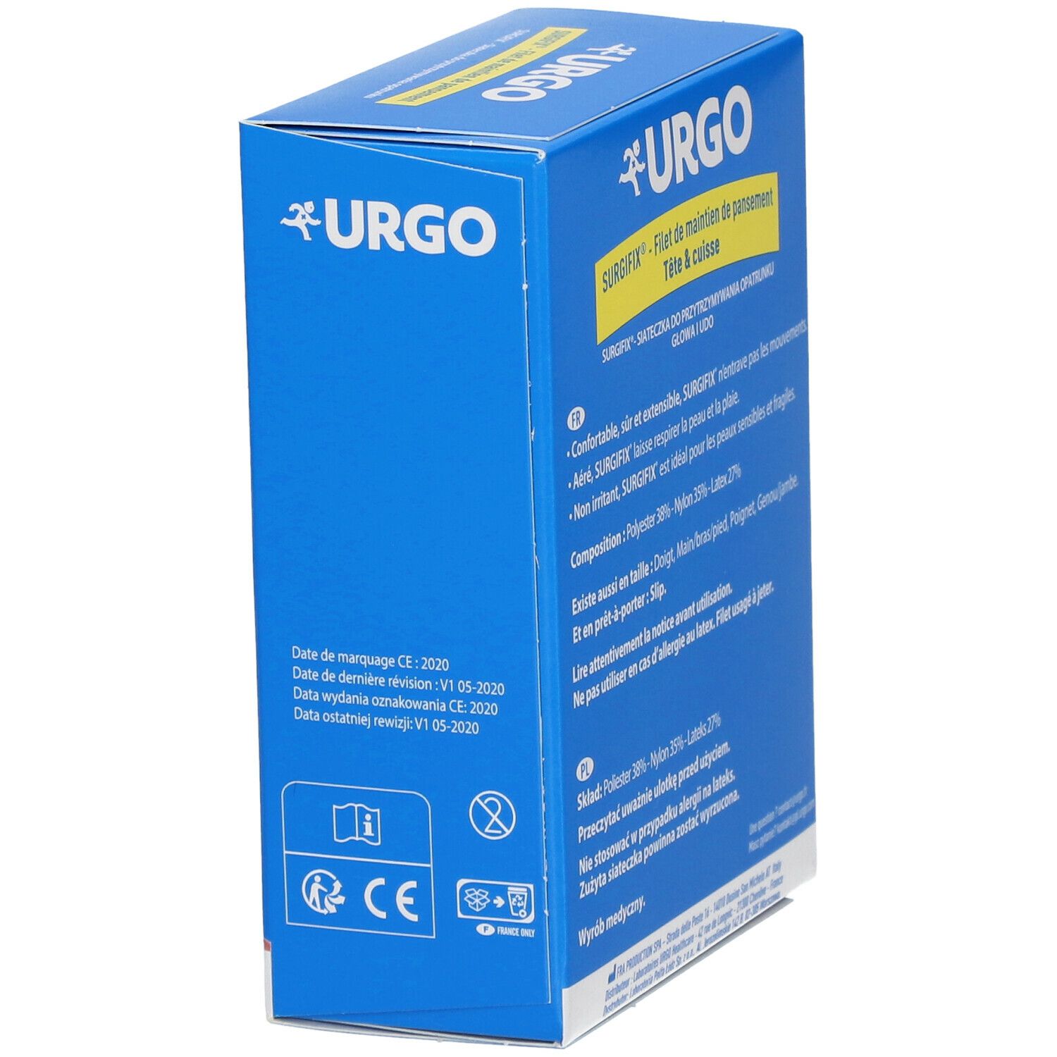 Blauwe doos. Urgo Surgifix, Filet de maintien de pansement, Tête & Cuisse. CE-markering en vervaldatum.