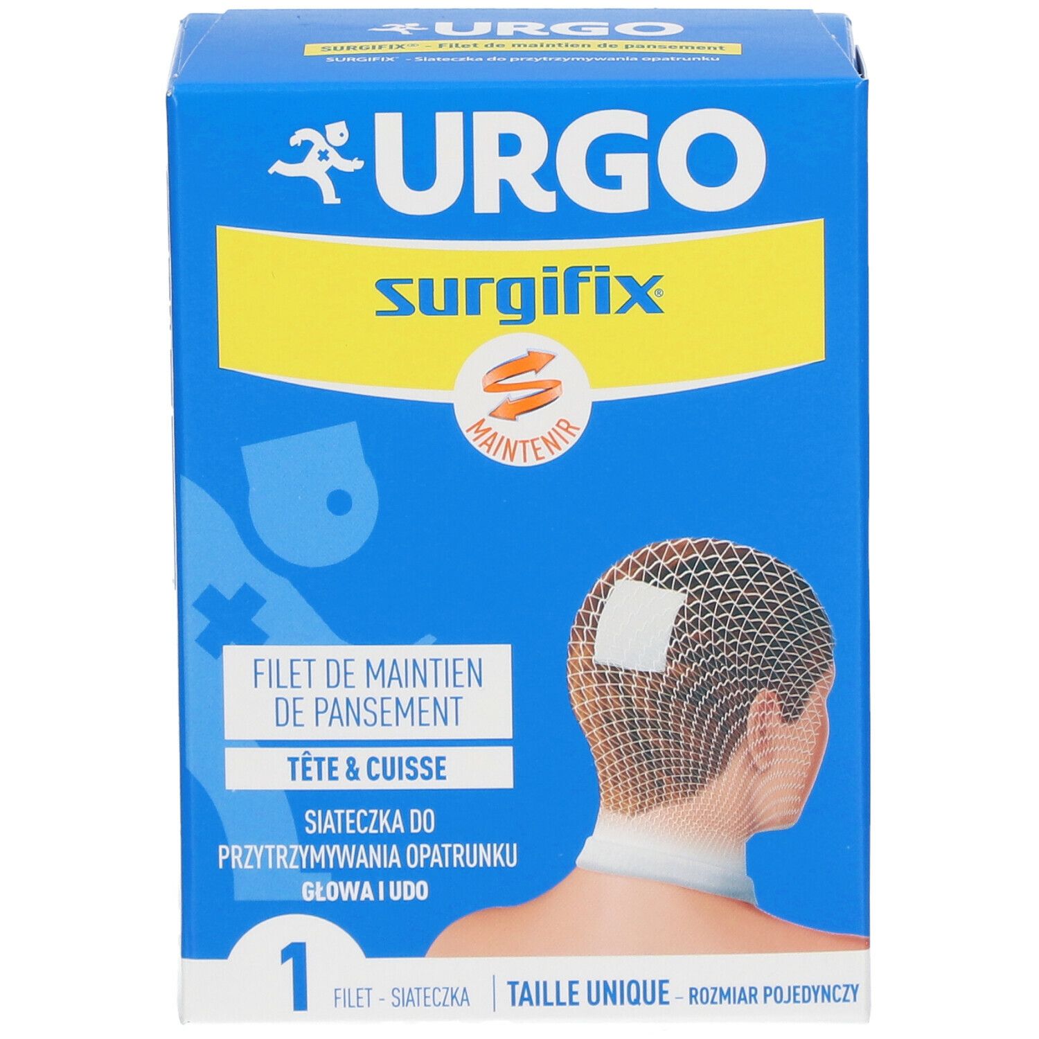 Blauwe en gele doos. Urgo Surgifix, Filet de maintien de pansement, Tête & Cuisse. Eén maat. Illustratie van netverband.