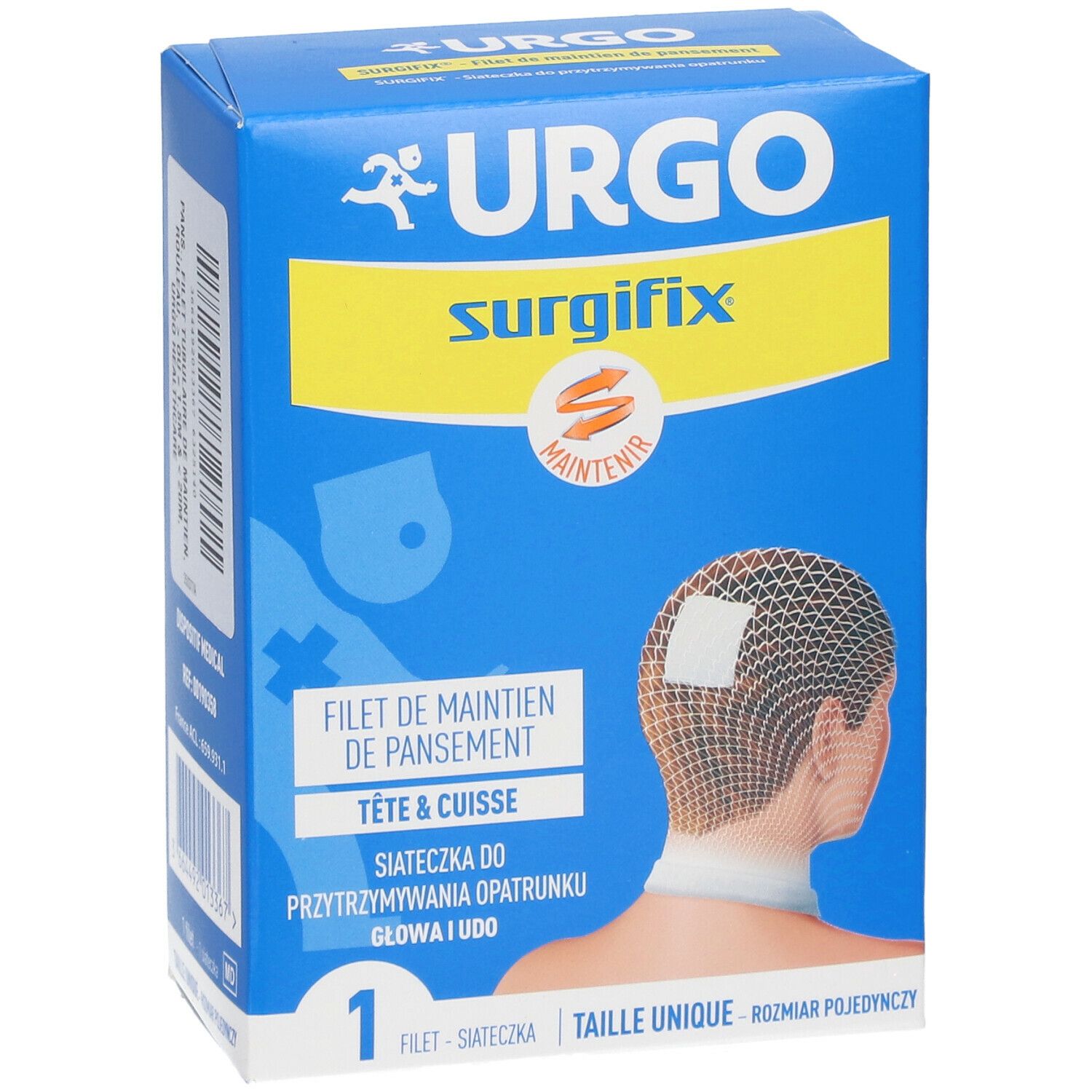 Blauwe en gele doos. Urgo Surgifix, Filet de maintien de pansement, Tête & Cuisse. Eén maat. Illustratie van netverband.