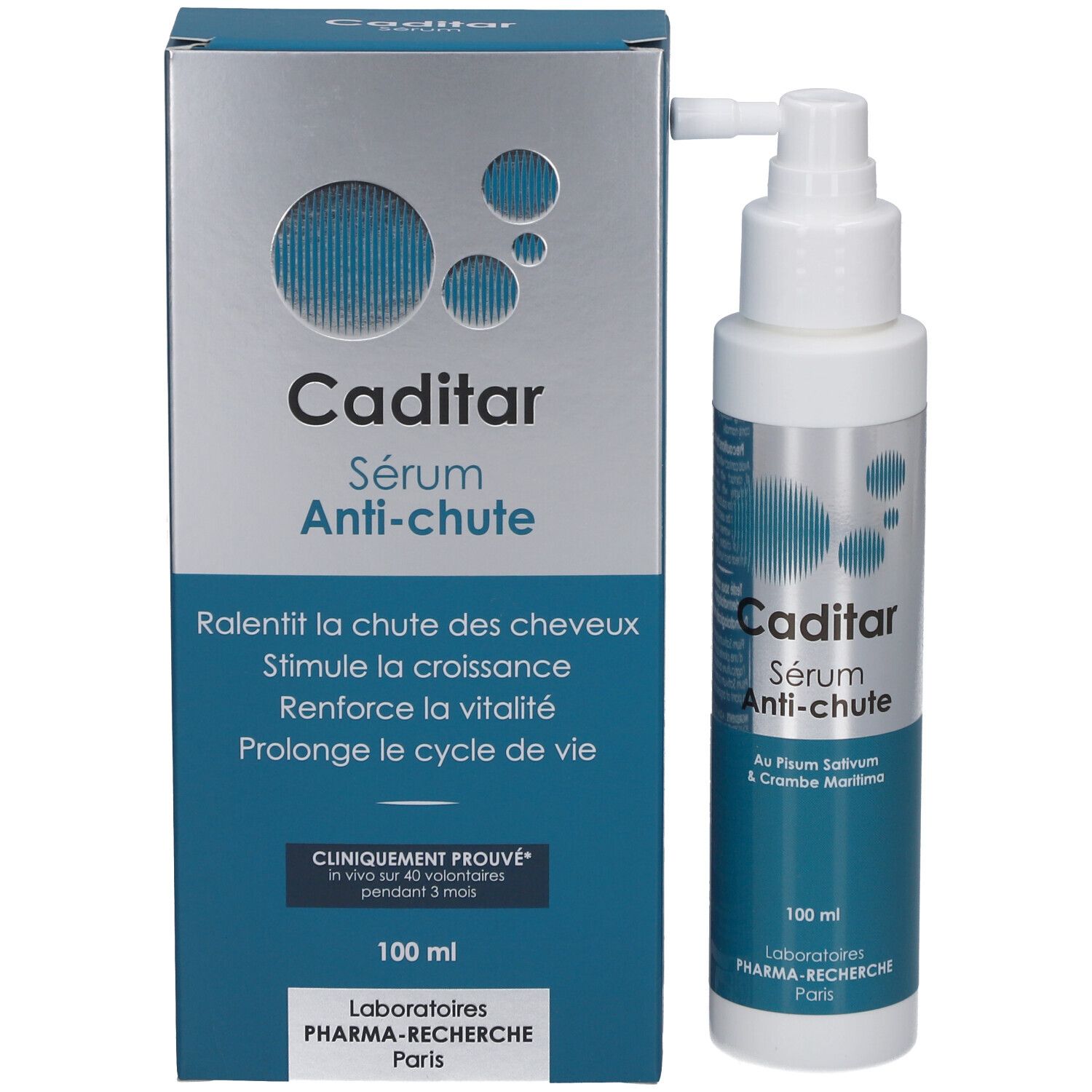 Flacon et emballage. Inscription: Caditar Sérum Anti-chute. Couleurs bleu et argent. Informations produit.