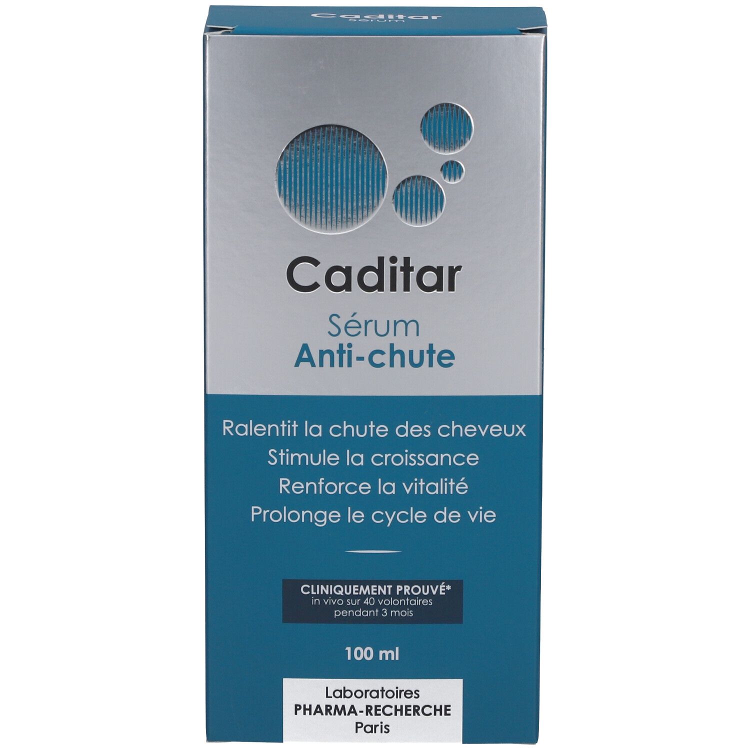 Emballage du produit. Inscription: Caditar Sérum Anti-chute. Couleurs bleu et argent. Informations produit.