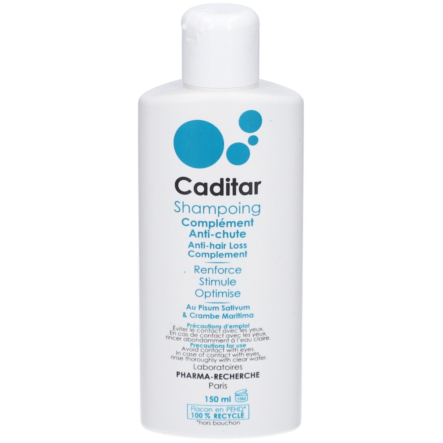 Witte fles met blauw etiket. Tekst: Caditar, Anti-haaruitval shampoo. Bevat Pisum Sativum en Crambe Maritima.