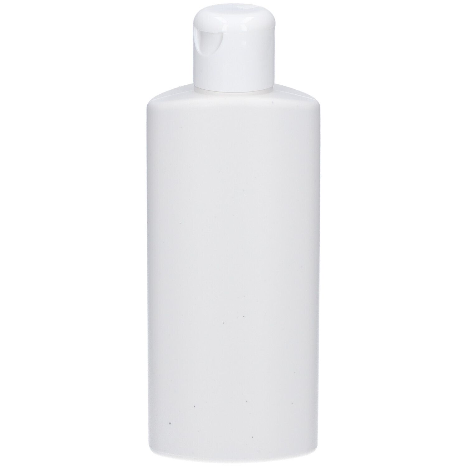 Witte, cilindrische fles met klapdeksel. Geen belettering zichtbaar.