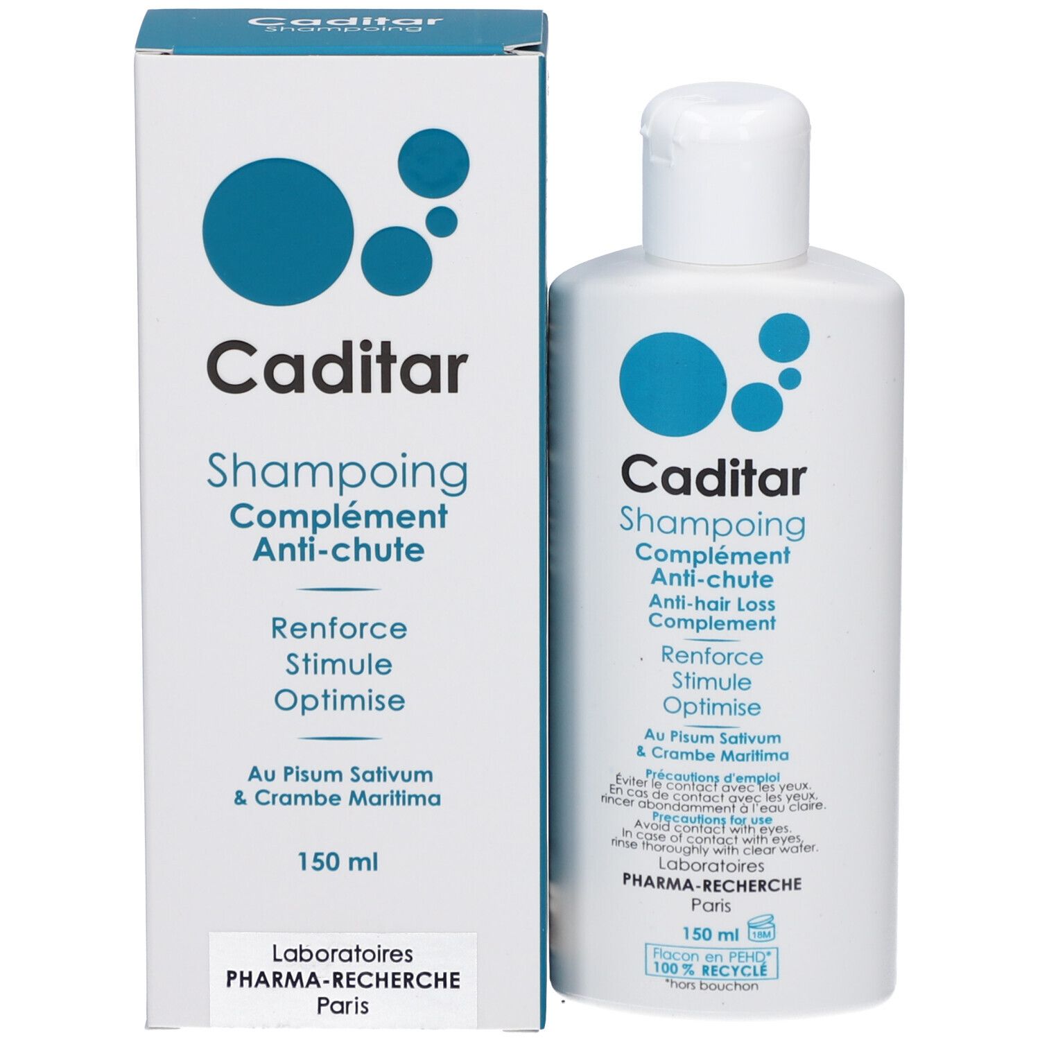 Productverpakking met fles. Tekst: Caditar, Anti-haaruitval shampoo. Bevat Pisum Sativum en Crambe Maritima. 150 ml.