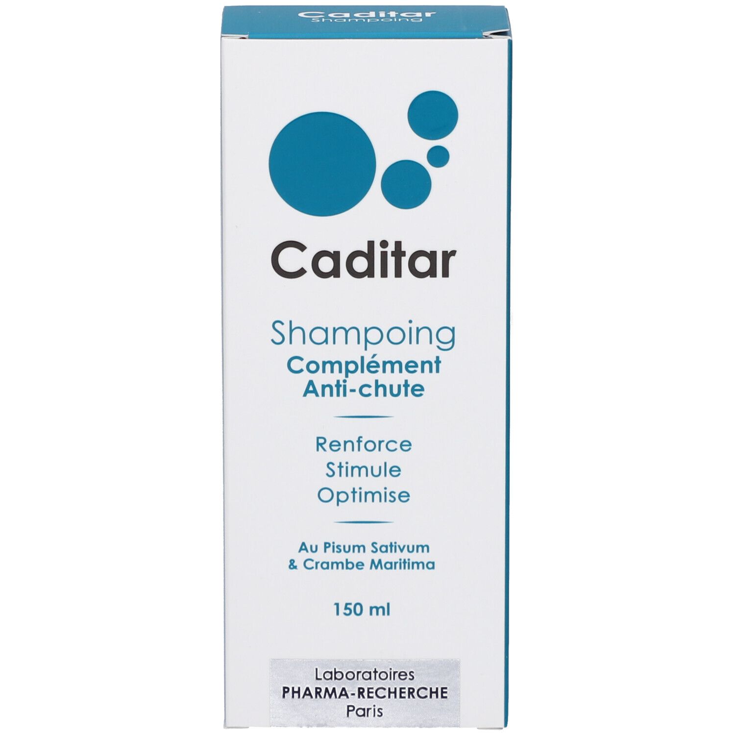 Productverpakking. Tekst: Caditar, Anti-haaruitval shampoo. Bevat Pisum Sativum en Crambe Maritima. 150 ml.