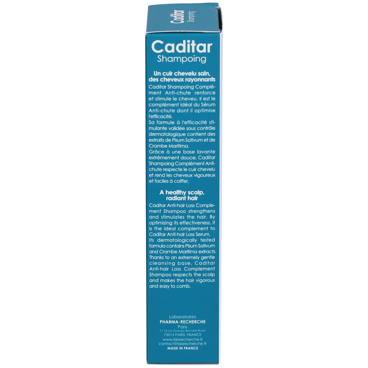 Productverpakking, zijaanzicht. Tekst: Caditar Shampooing. Beschrijving en ingrediënten. Dermatologisch getest.